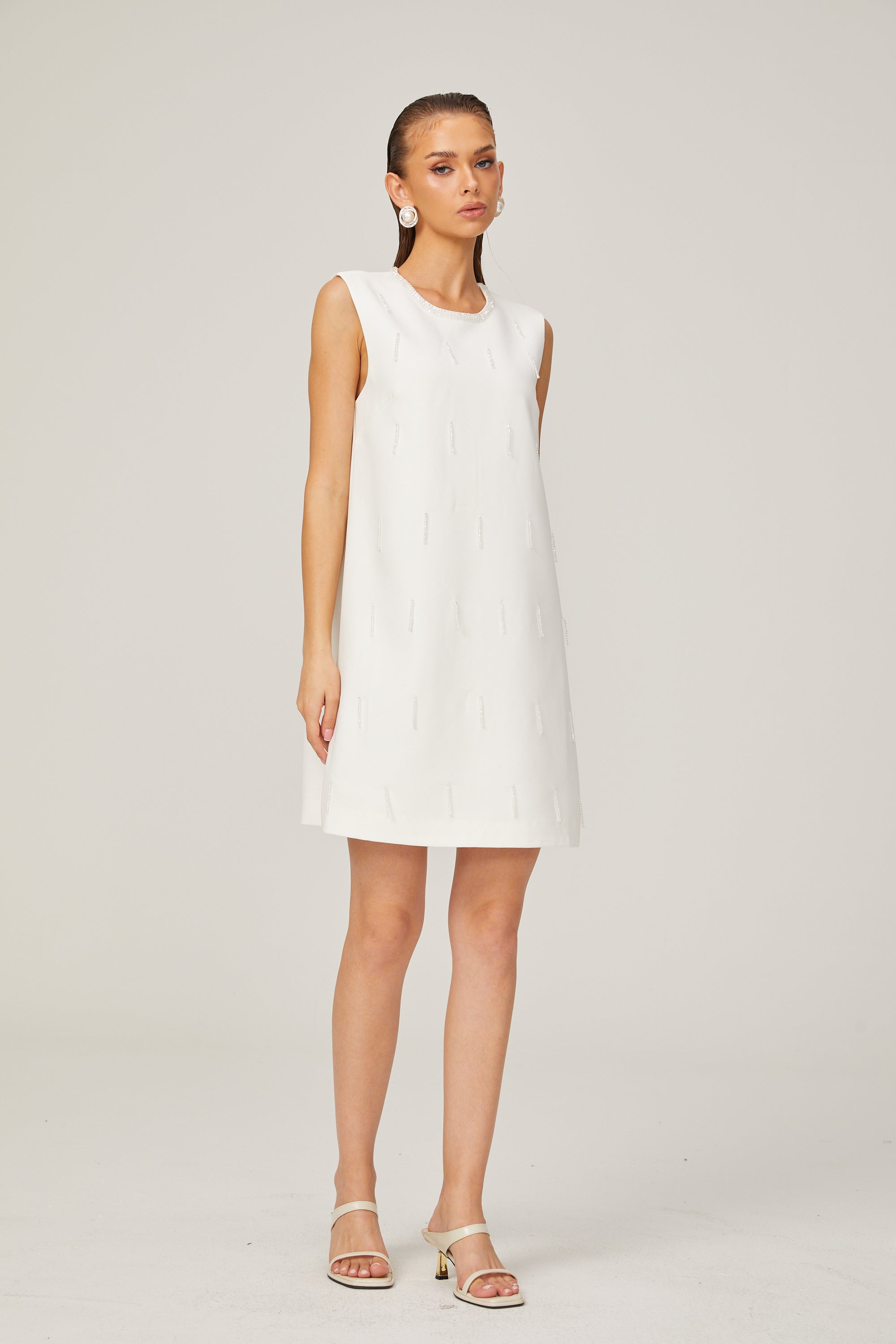 Elisabeth A-line sleeveless beaded tweed mini dress in White