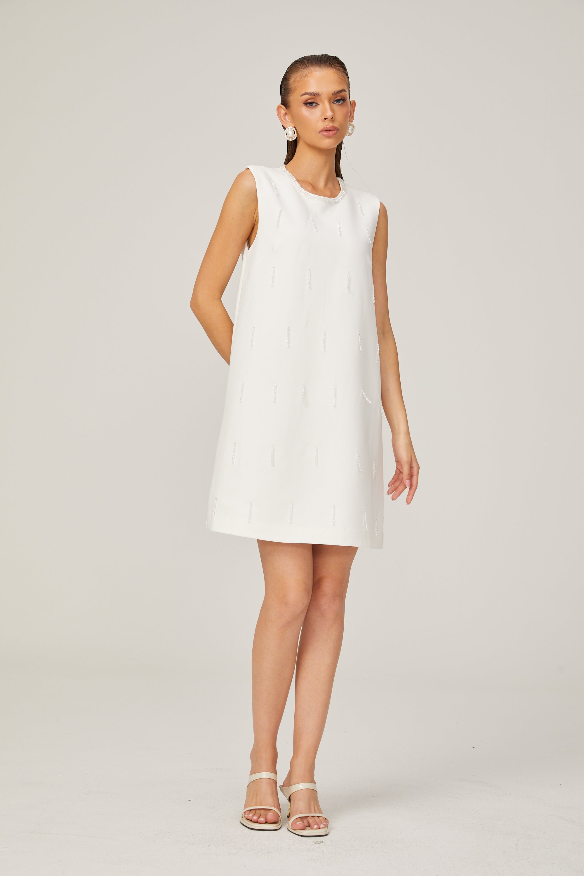 Elisabeth A-line sleeveless beaded tweed mini dress in White