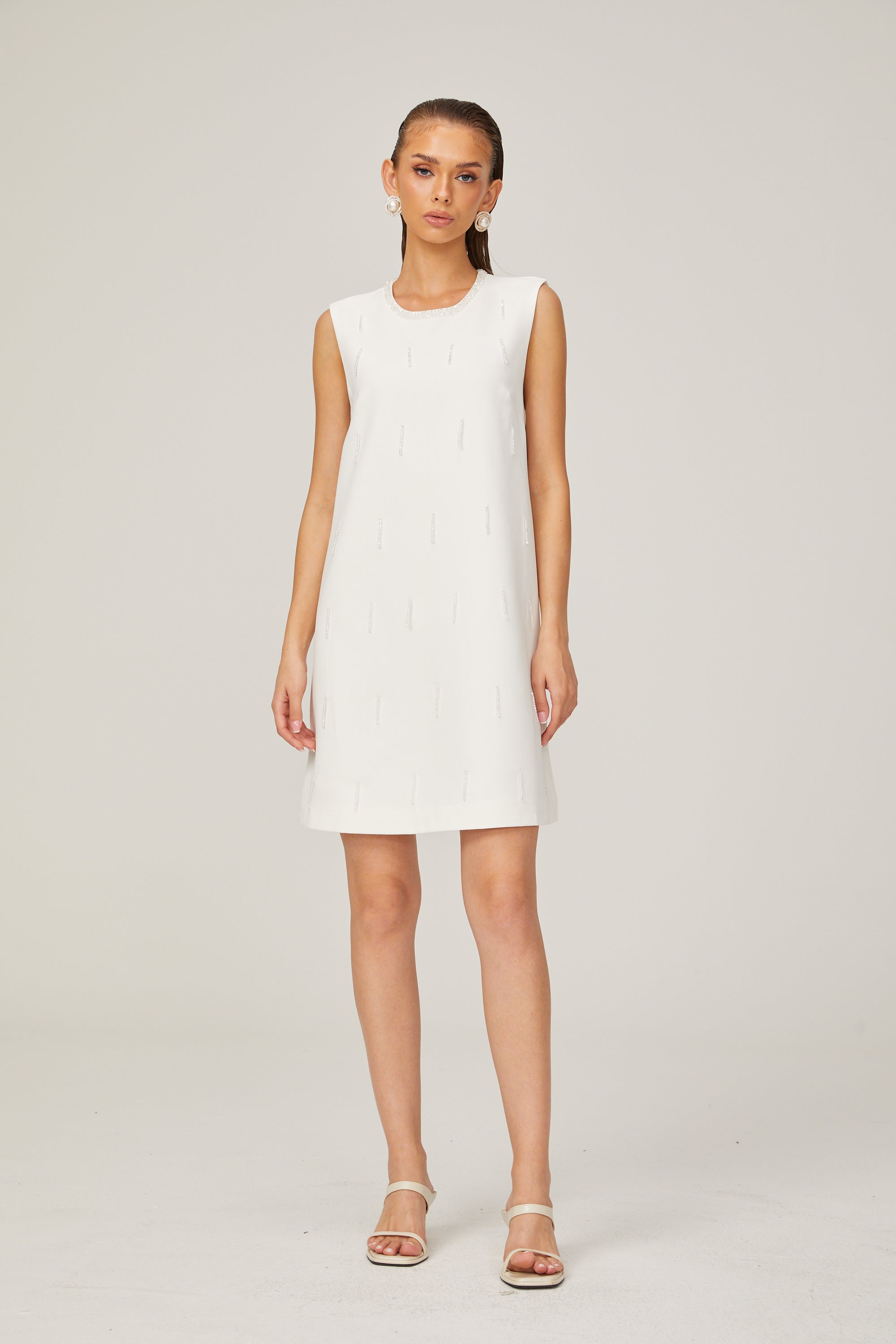 Elisabeth A-line sleeveless beaded tweed mini dress in White