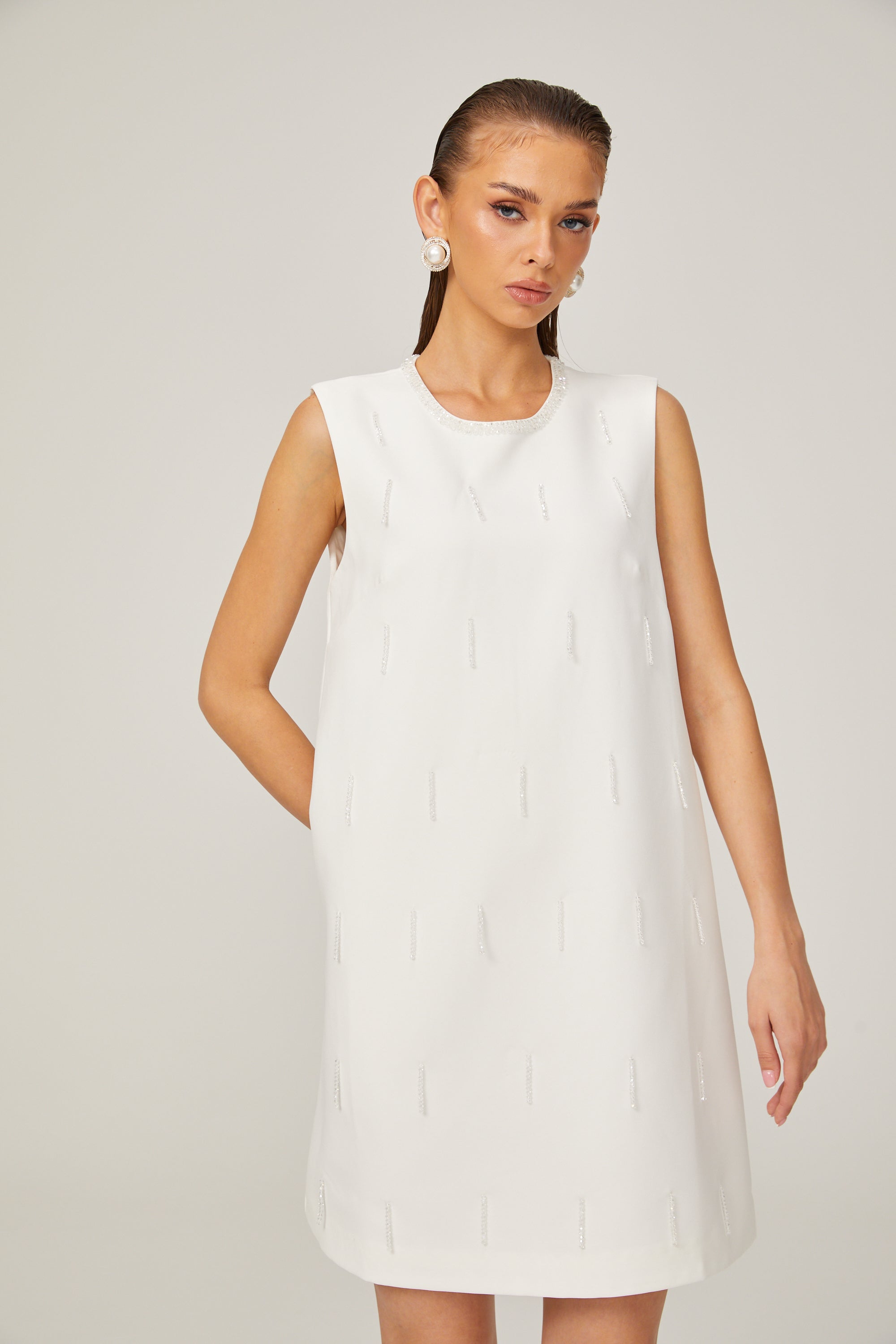 Elisabeth A-line sleeveless beaded tweed mini dress in White