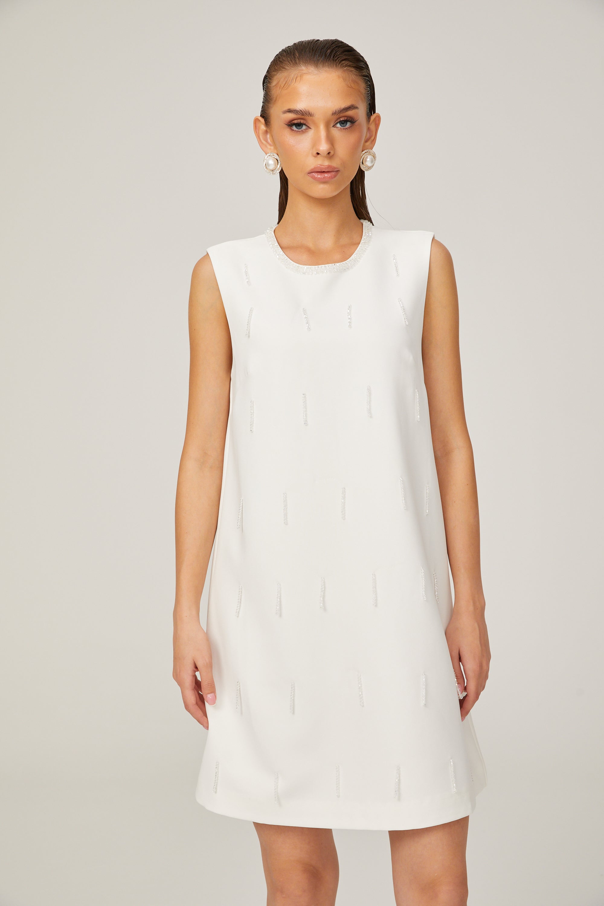 Elisabeth A-line sleeveless beaded tweed mini dress in White