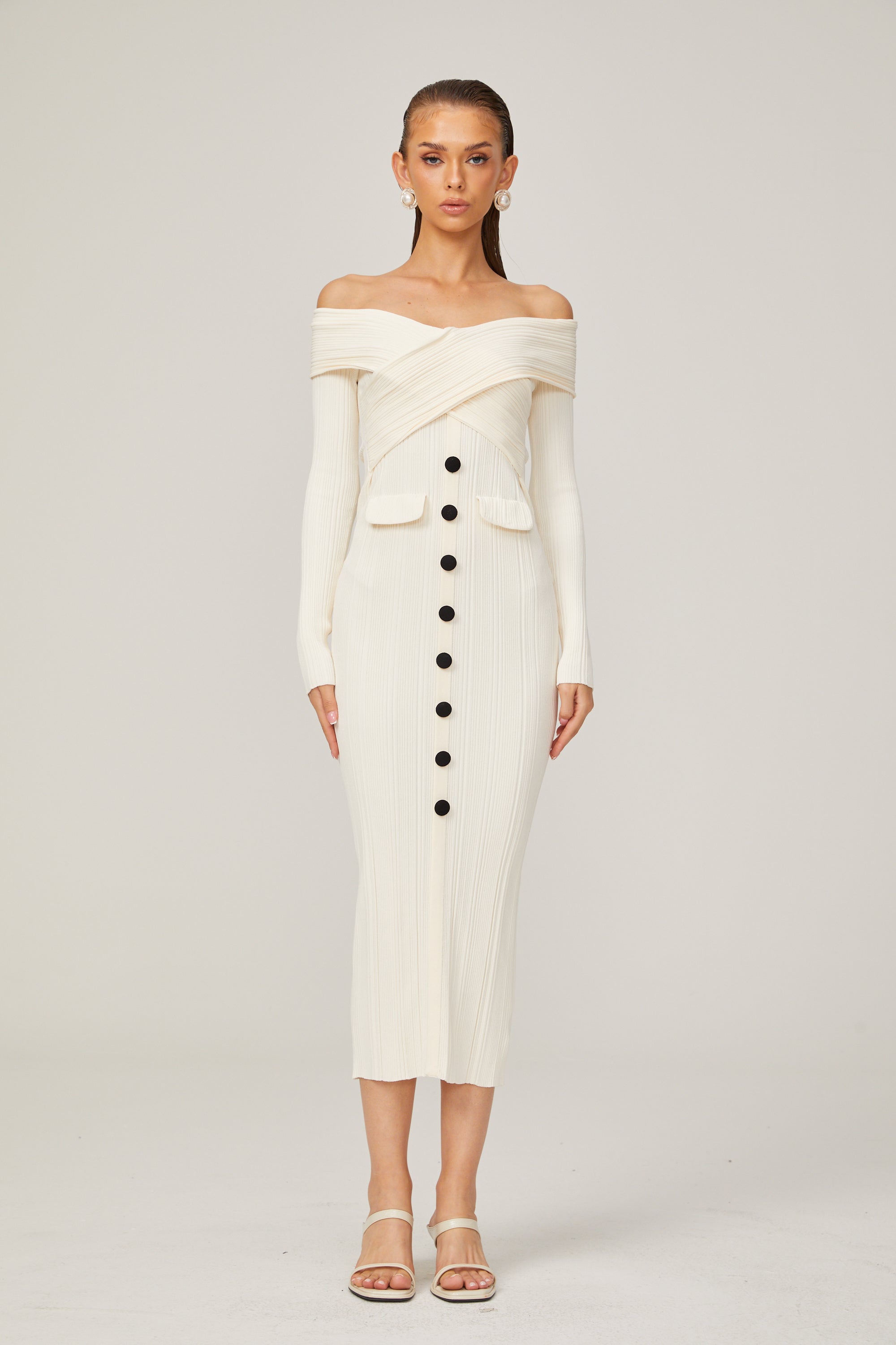 Karine white off-shoulder rib-knit midi dress