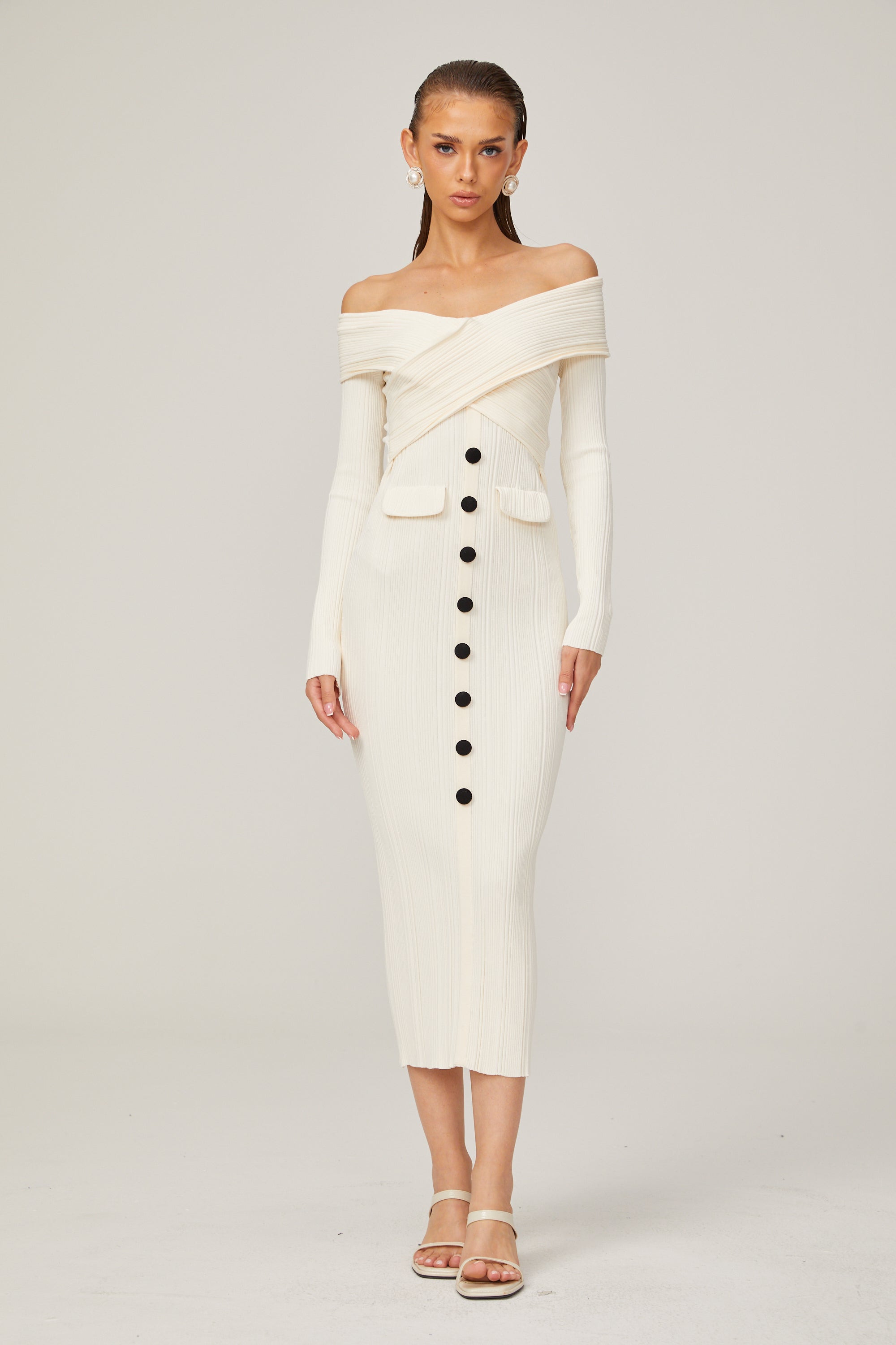 Karine white off-shoulder rib-knit midi dress