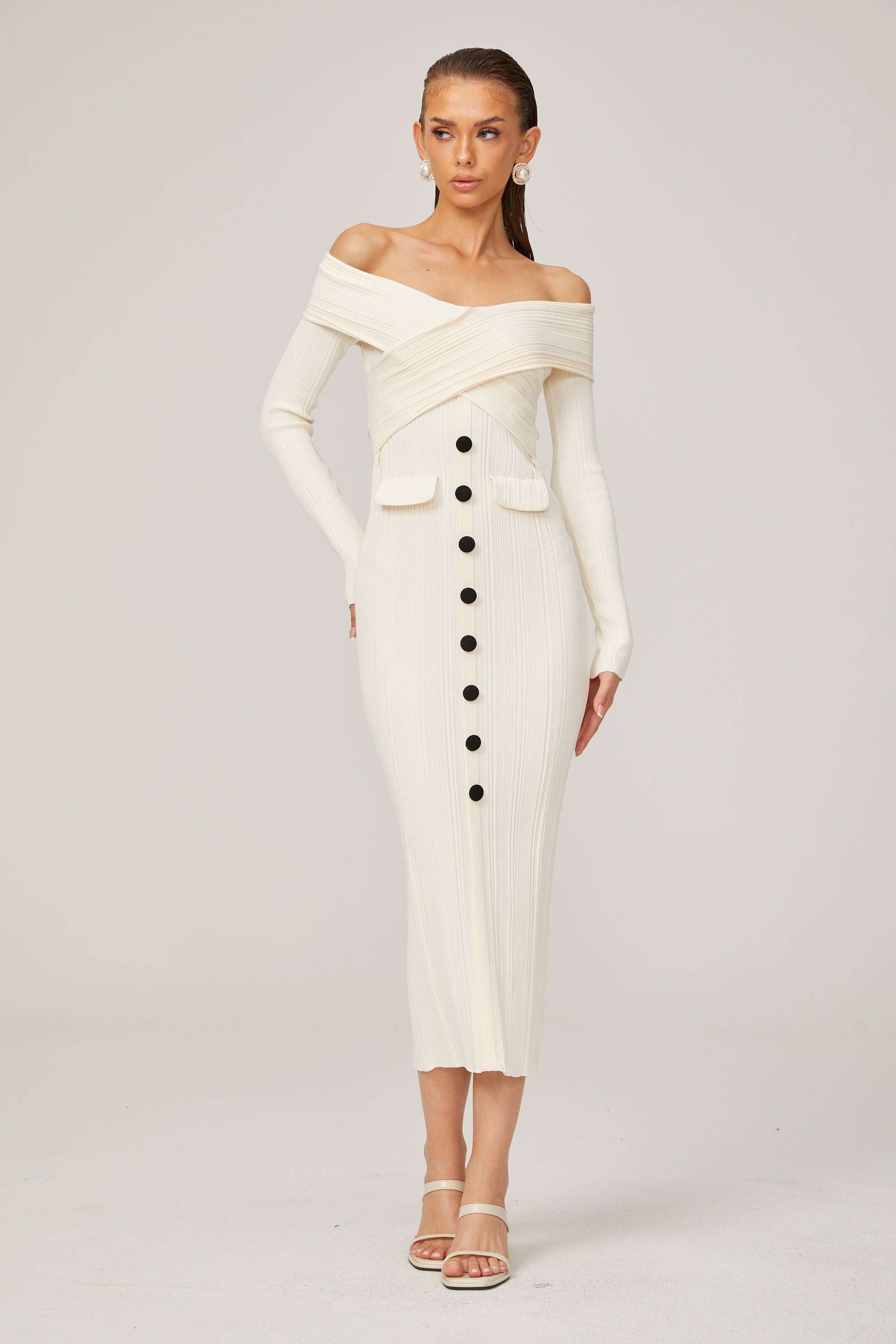 Karine white off-shoulder rib-knit midi dress