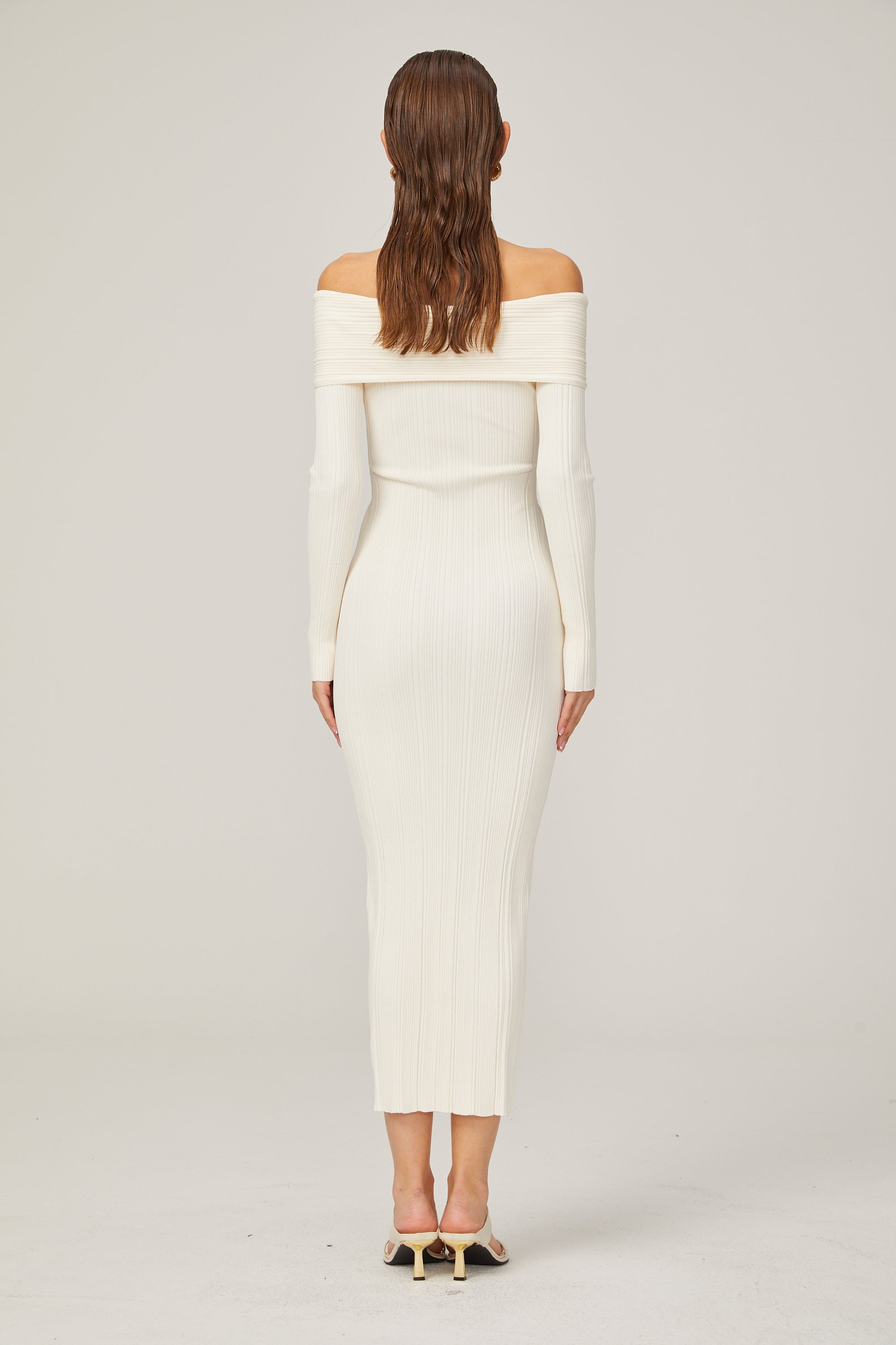 Karine white off-shoulder rib-knit midi dress