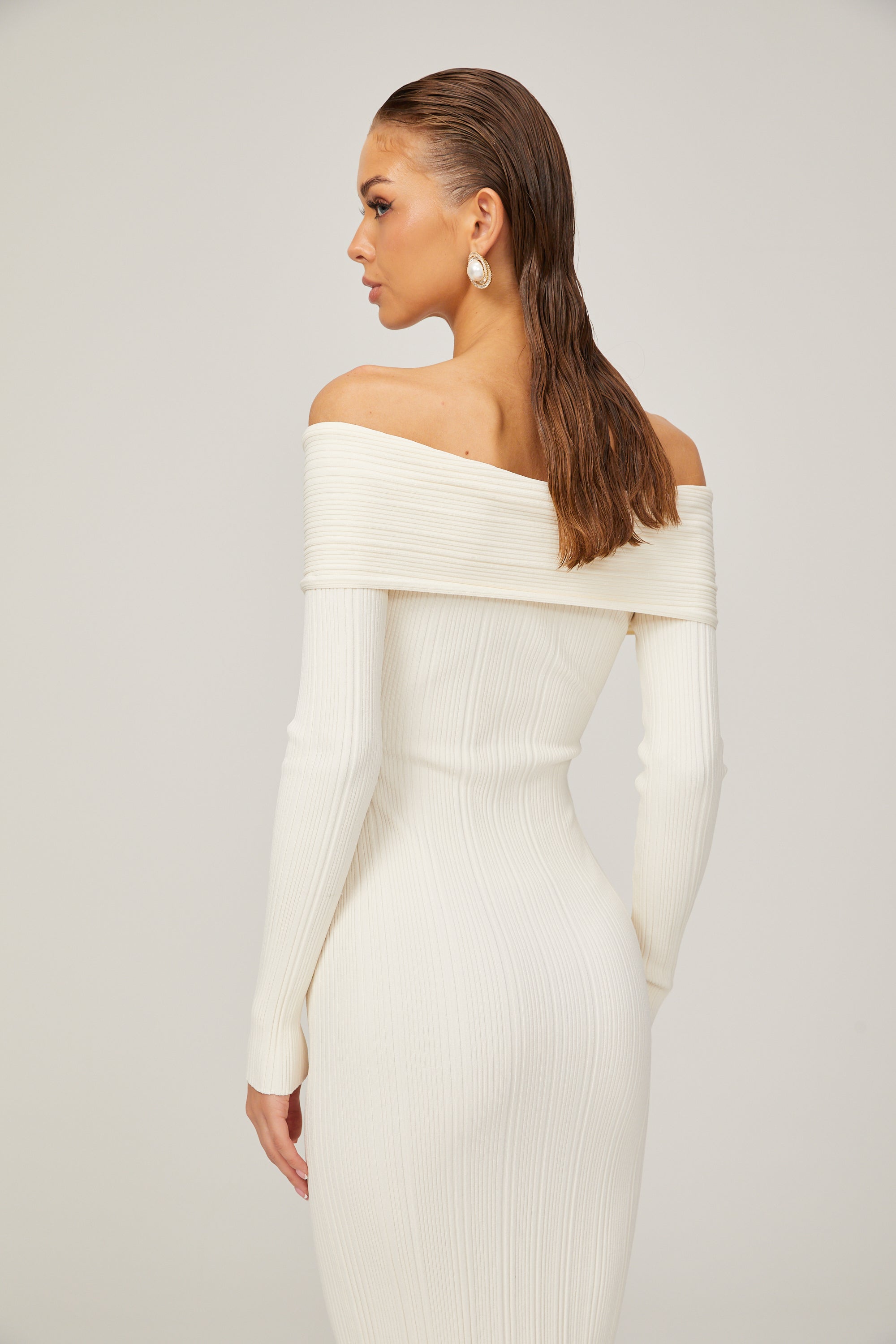 Karine white off-shoulder rib-knit midi dress