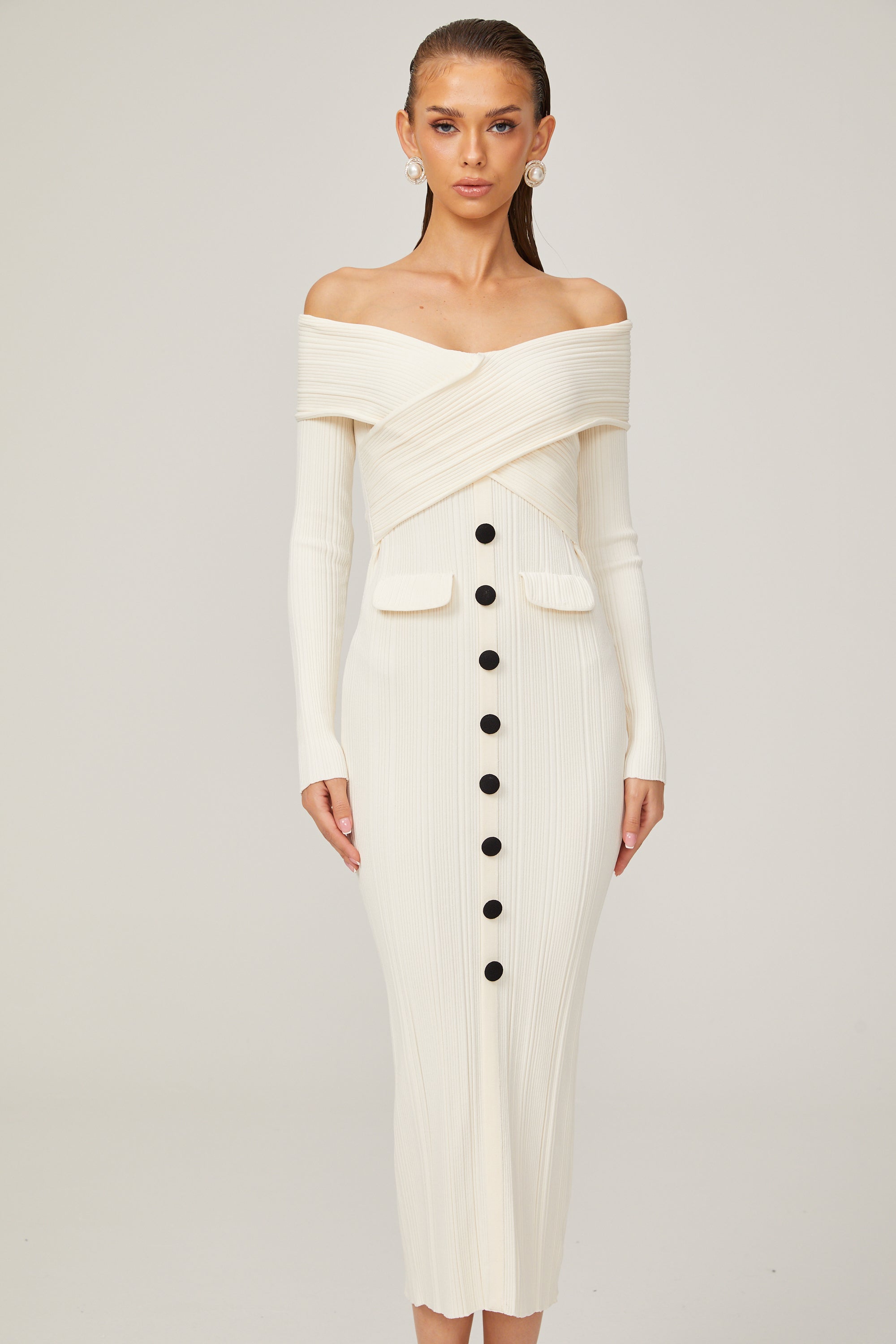 Karine white off-shoulder rib-knit midi dress