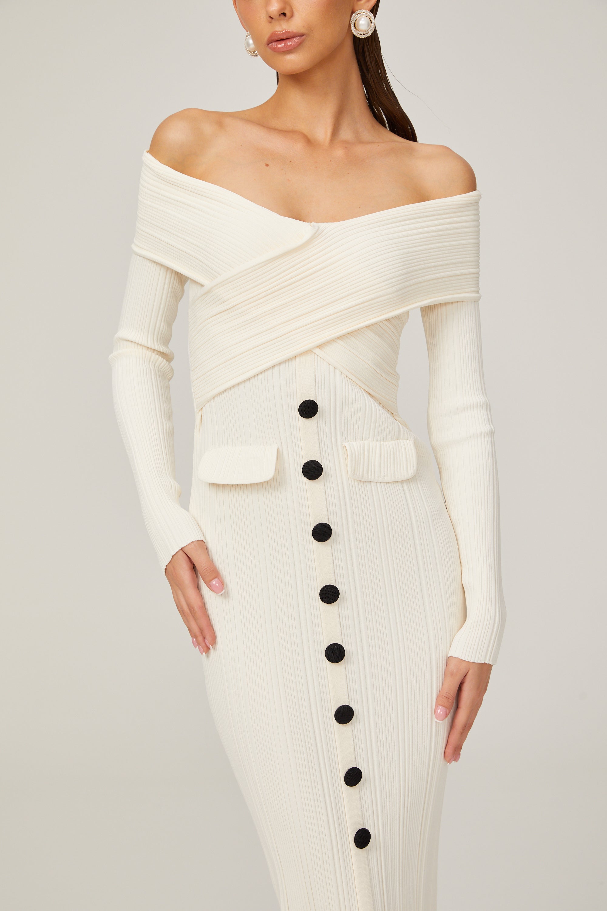 Karine white off-shoulder rib-knit midi dress