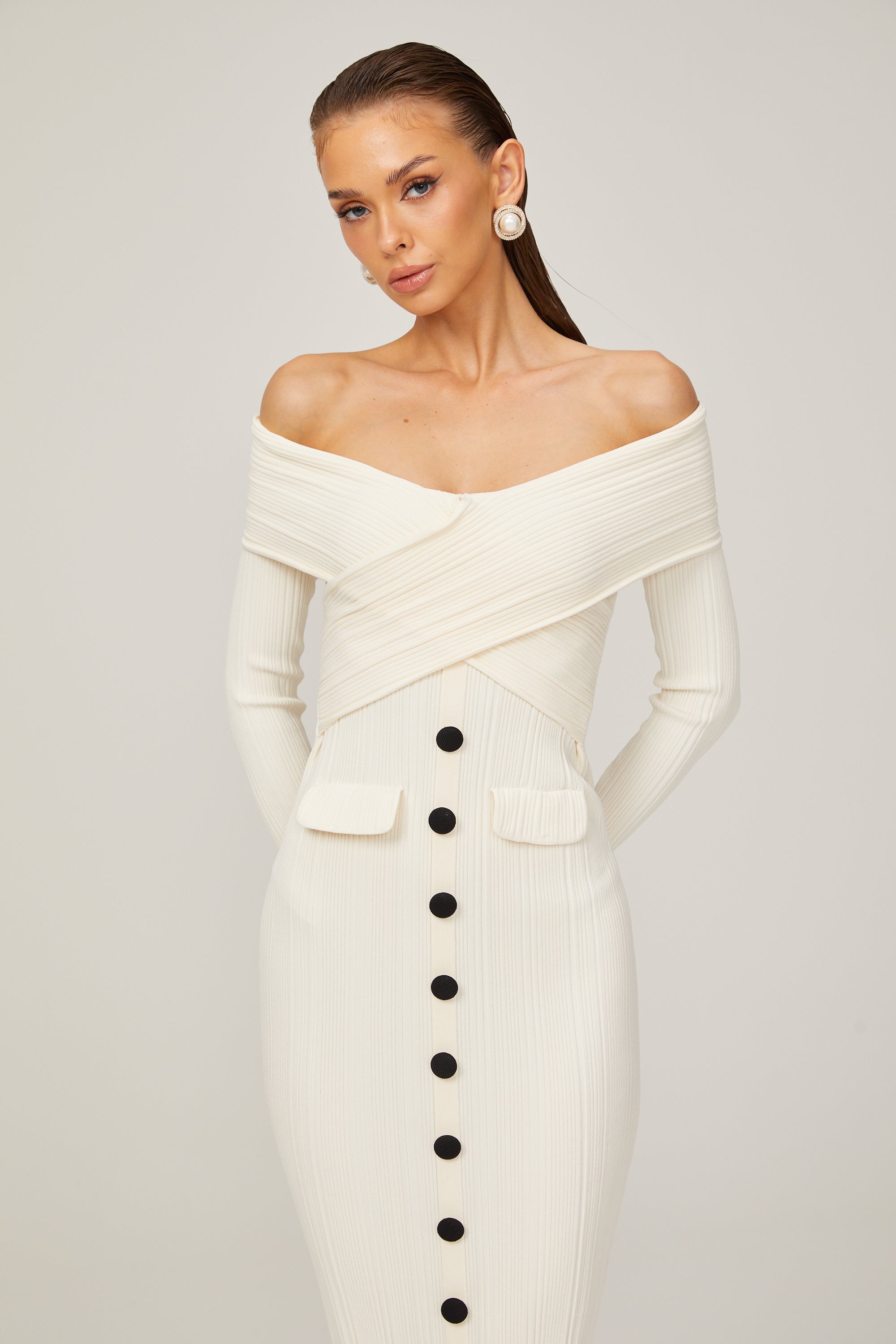 Karine white off-shoulder rib-knit midi dress