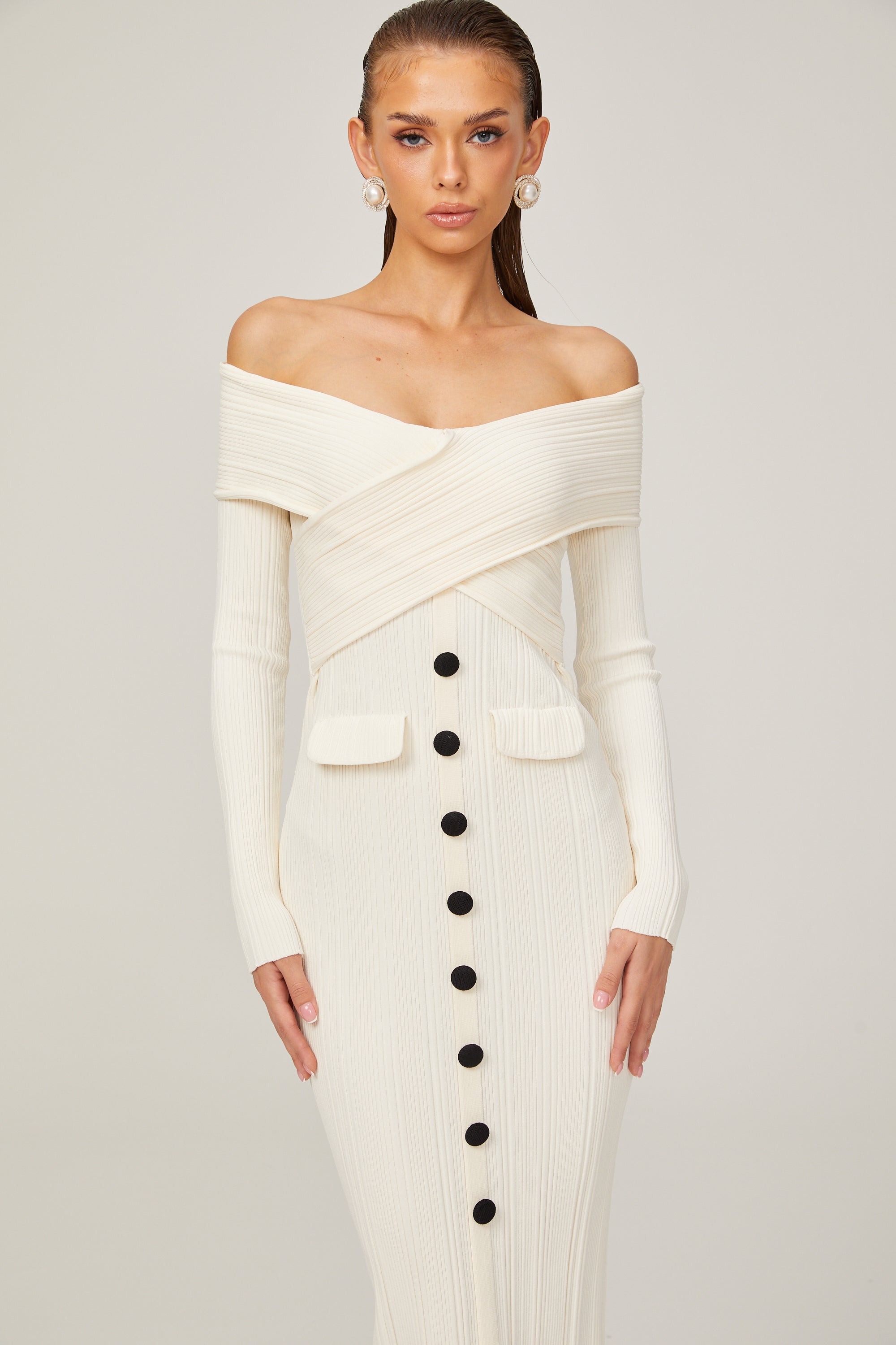 Karine white off-shoulder rib-knit midi dress