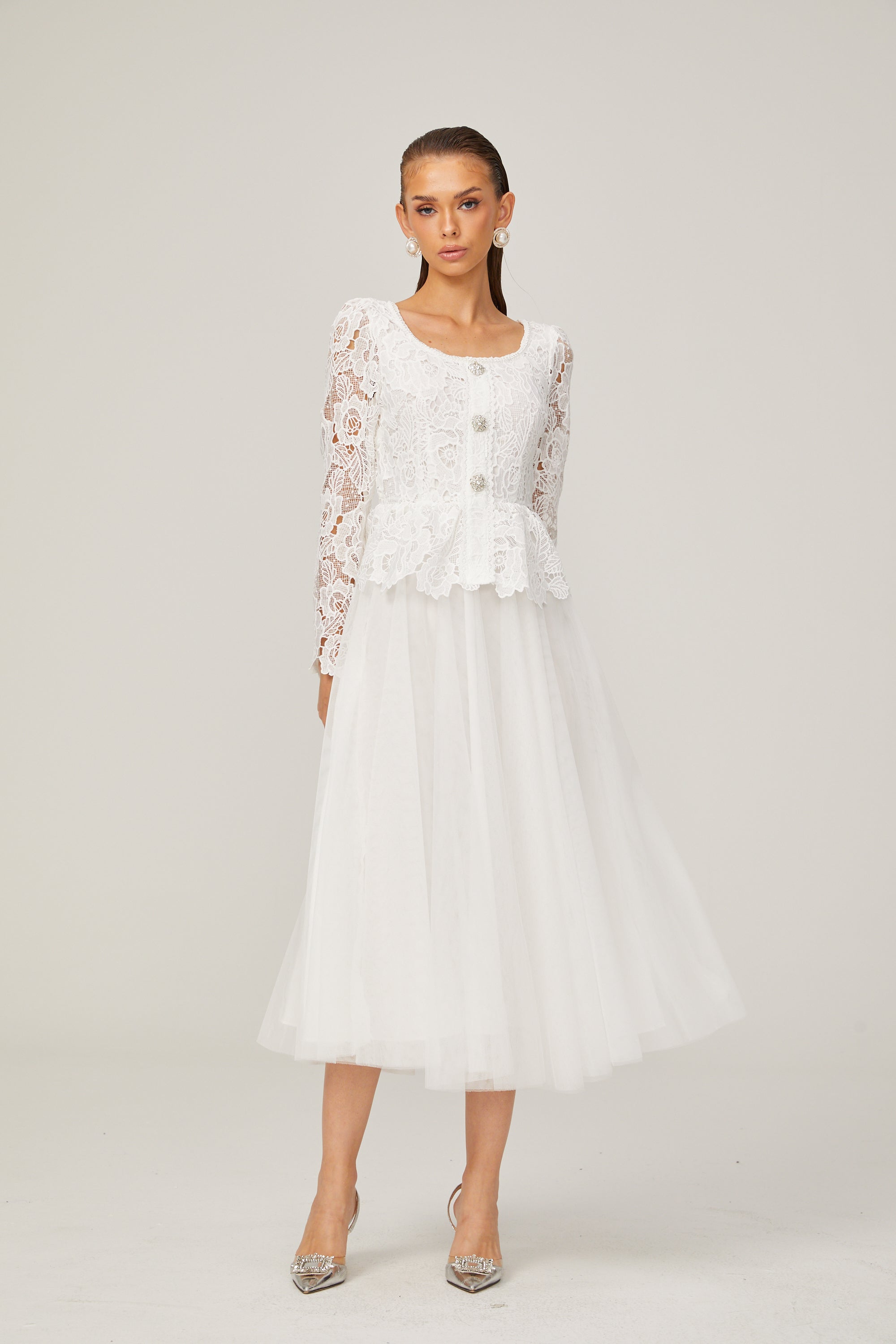 Gabrielle white peplum-waist tulle midi dress