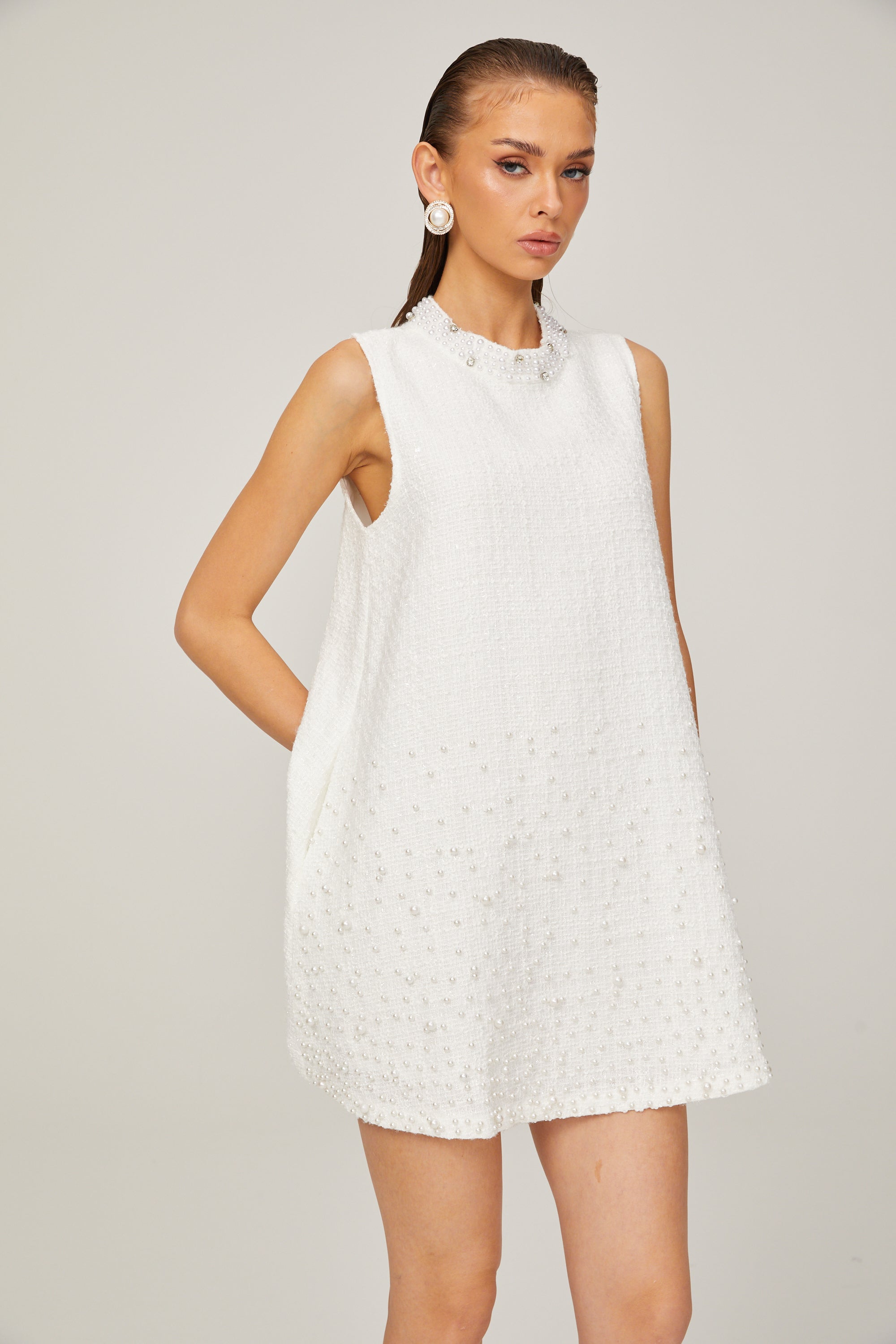 Elisabeth A-line sleeveless beaded tweed mini dress in White