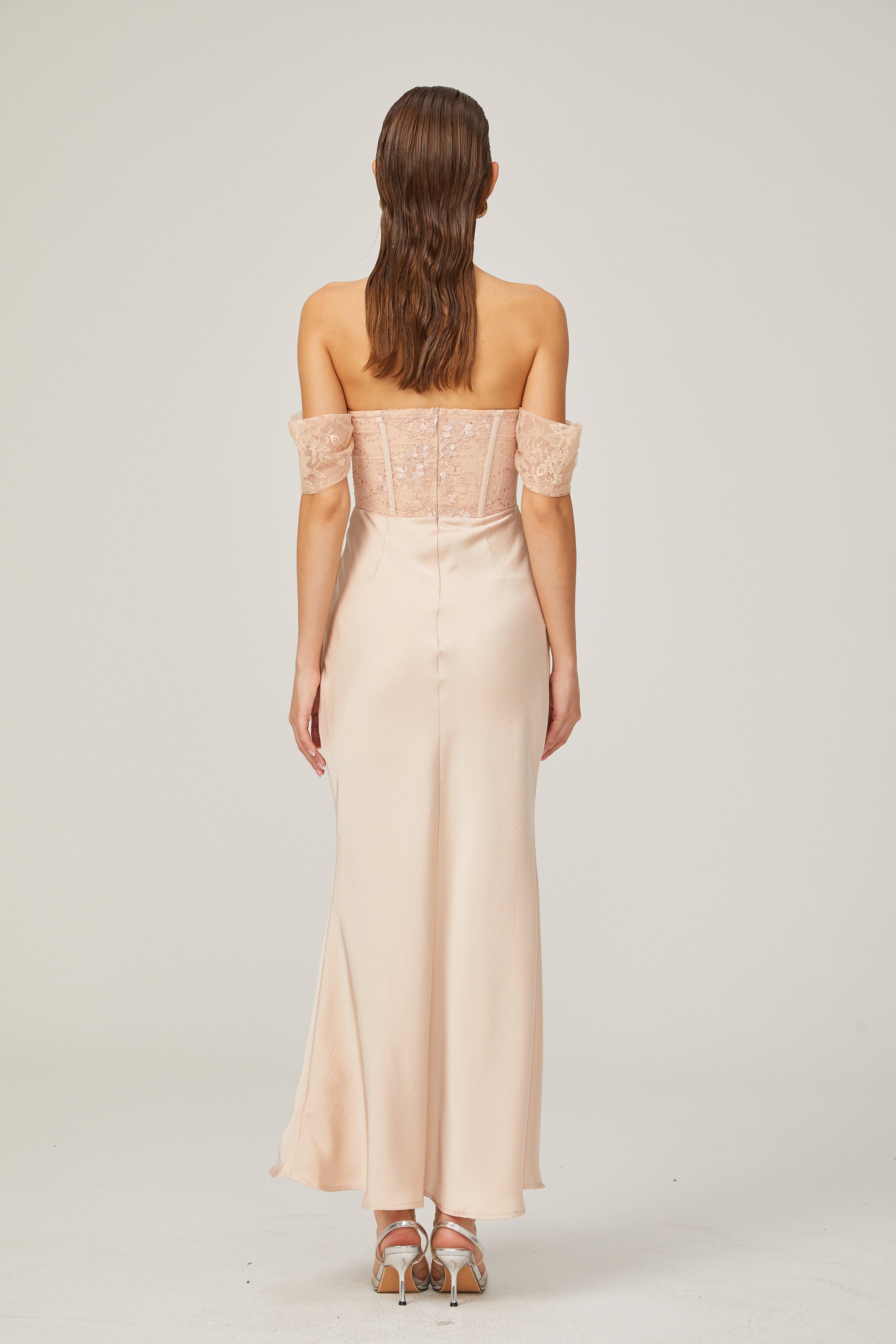 Ariane pink lace-panel draped midi dress