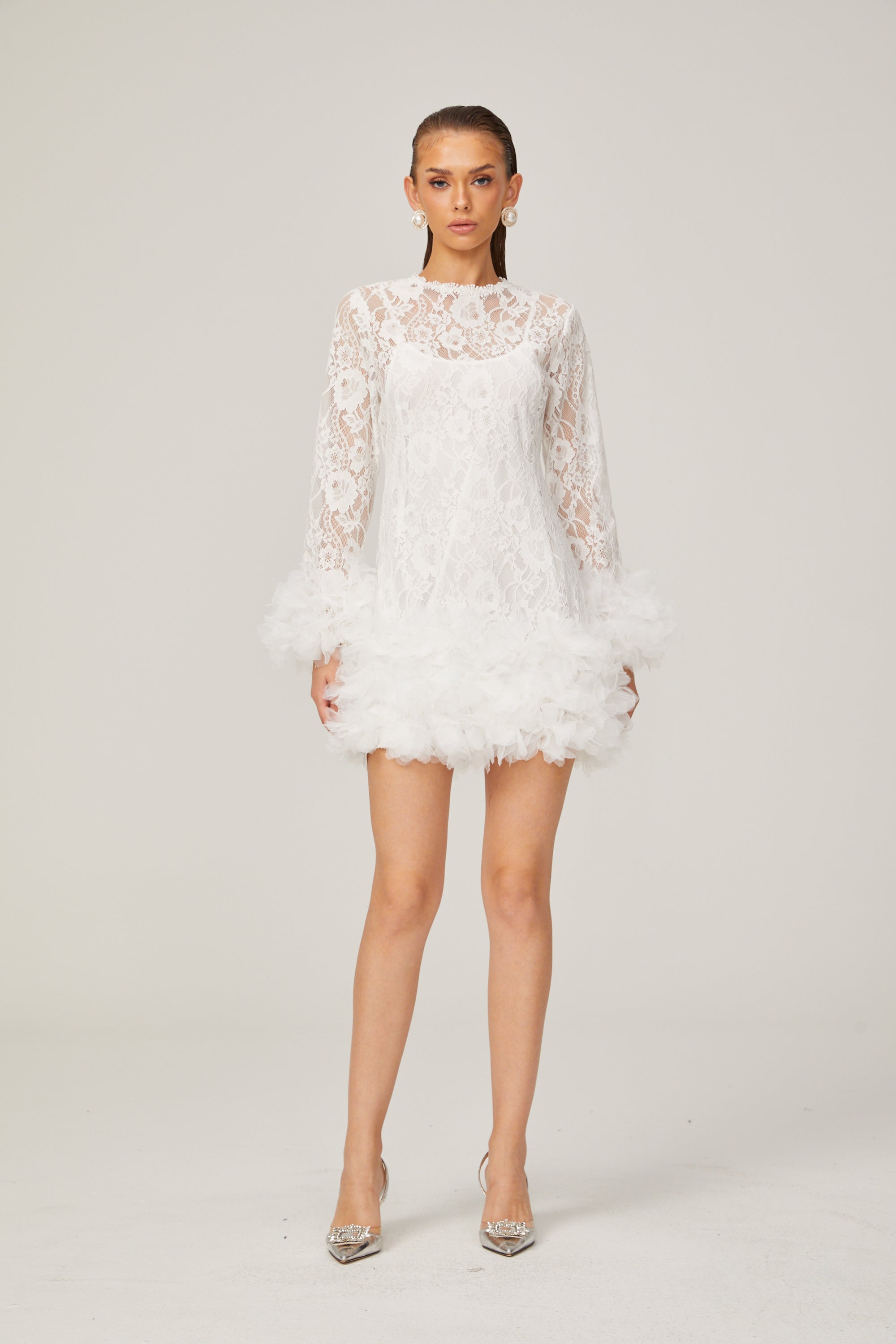 Camille lace layered feather-trim mini dress in White