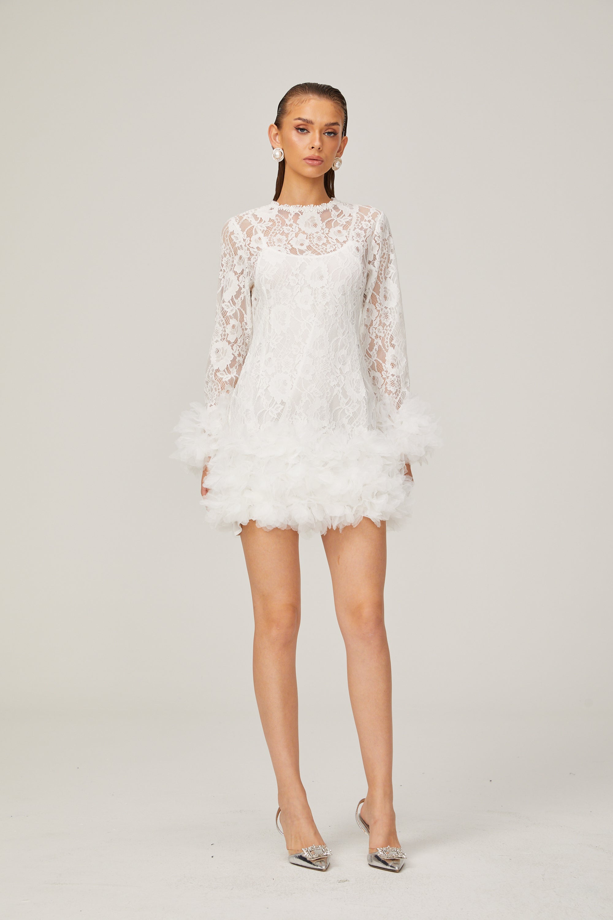 Camille lace layered feather-trim mini dress in White