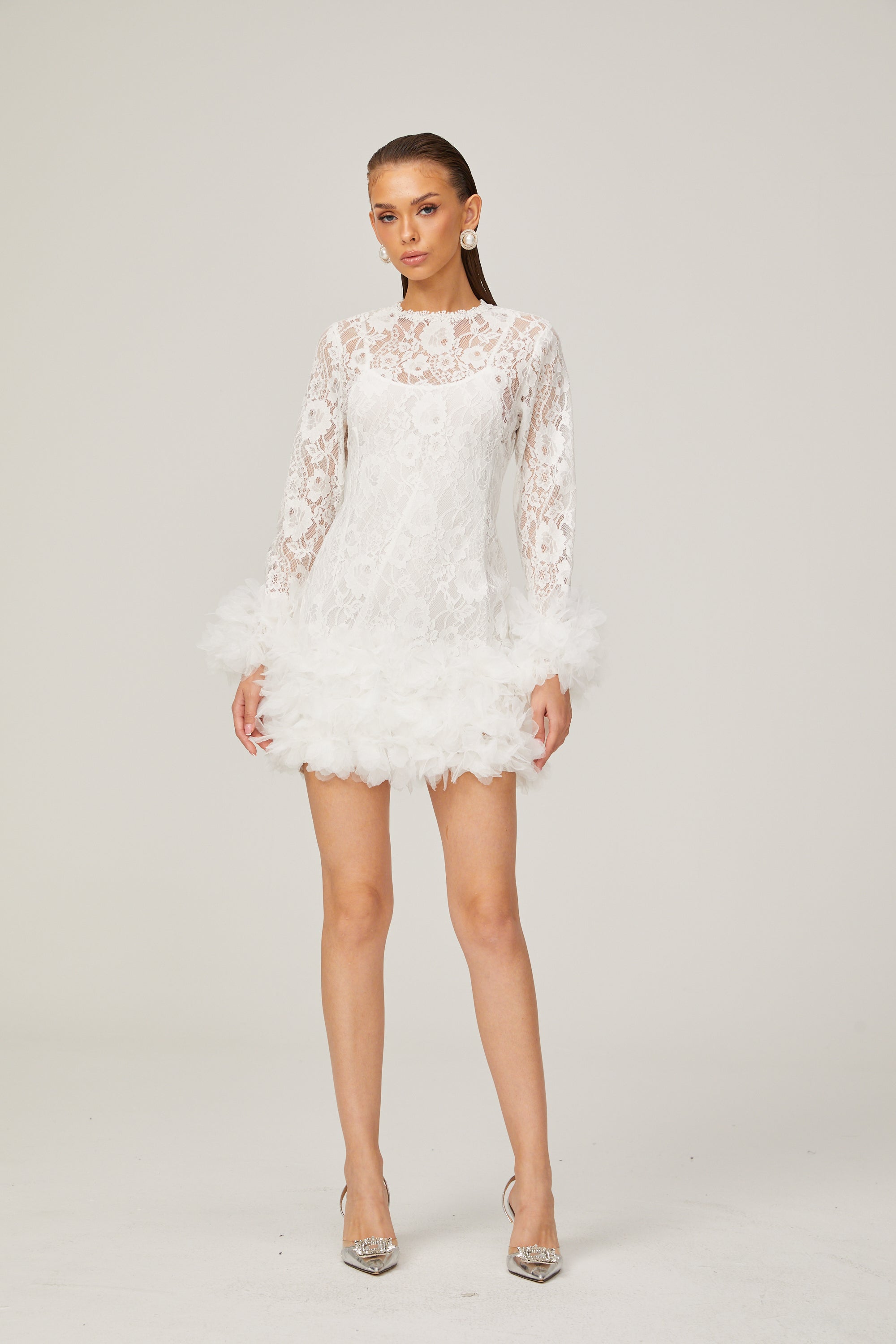 Camille lace layered feather-trim mini dress in White