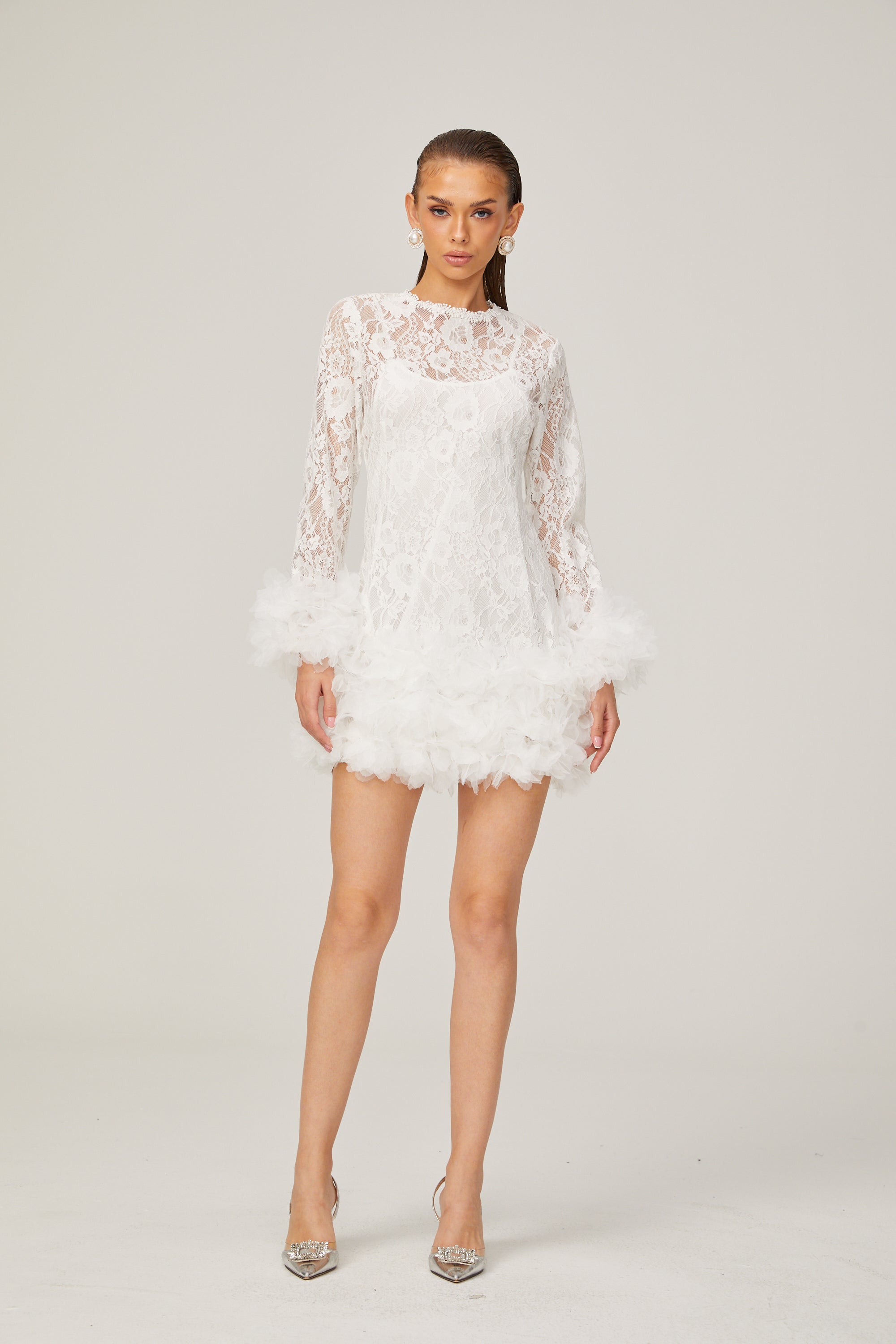 Camille lace layered feather-trim mini dress in White