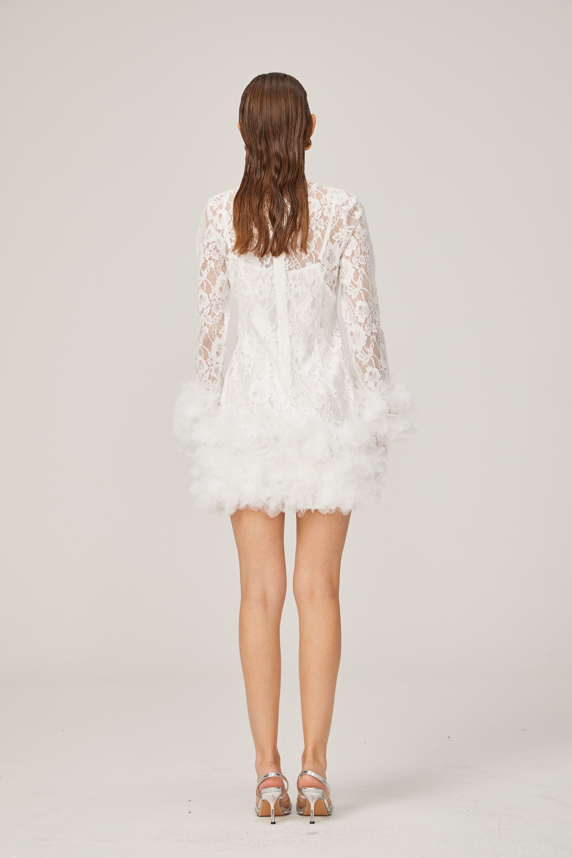 Camille lace layered feather-trim mini dress in White