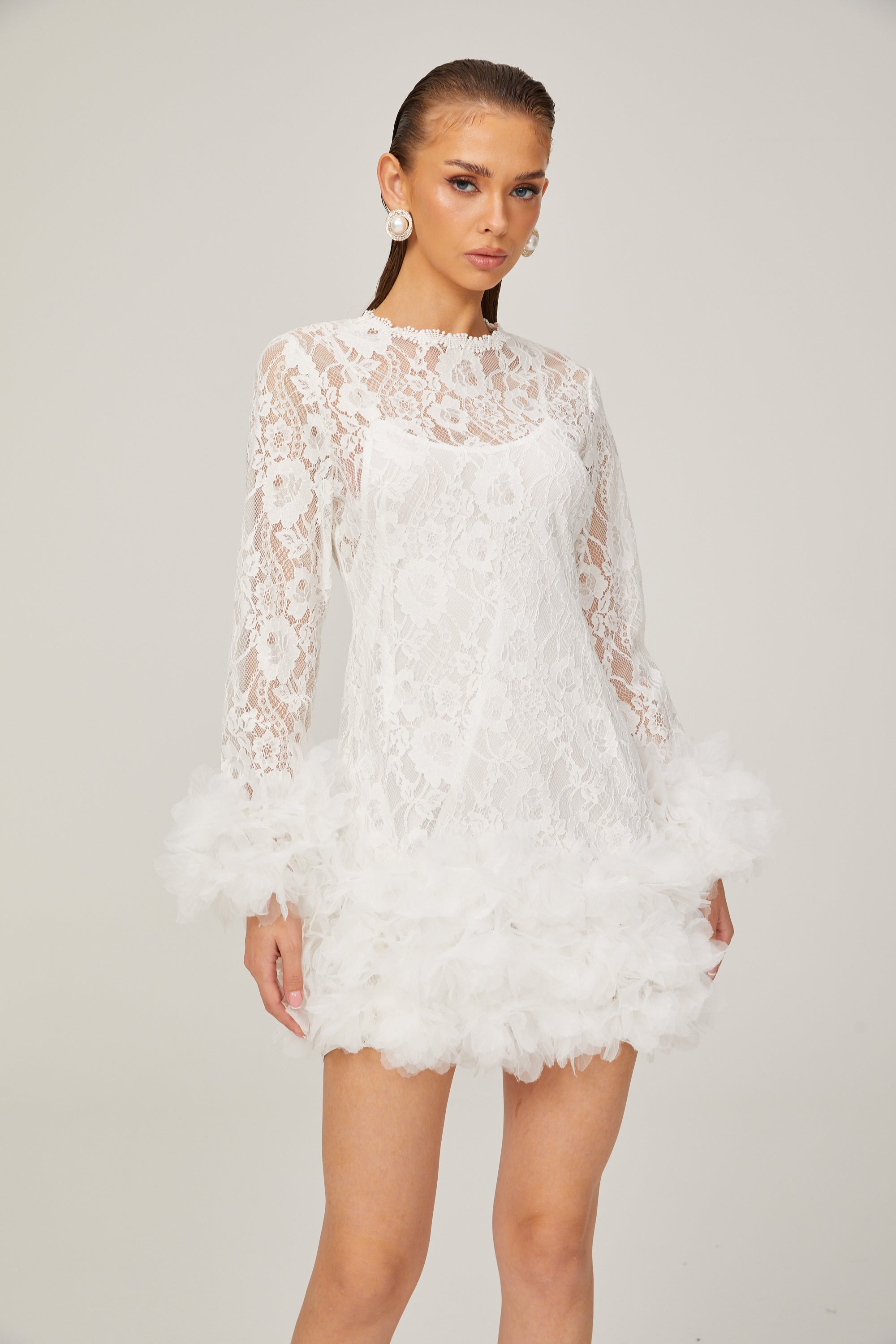 Camille lace layered feather-trim mini dress in White