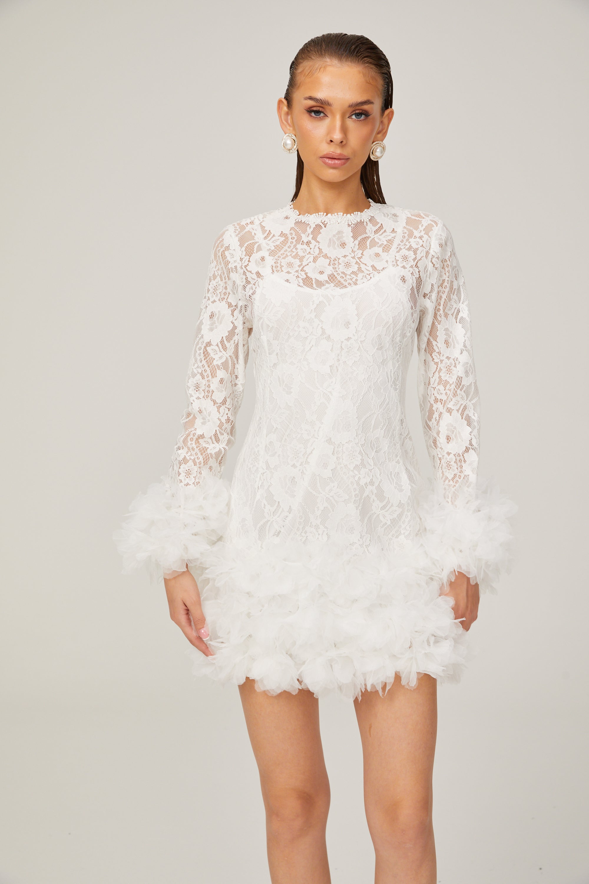 Camille lace layered feather-trim mini dress in White