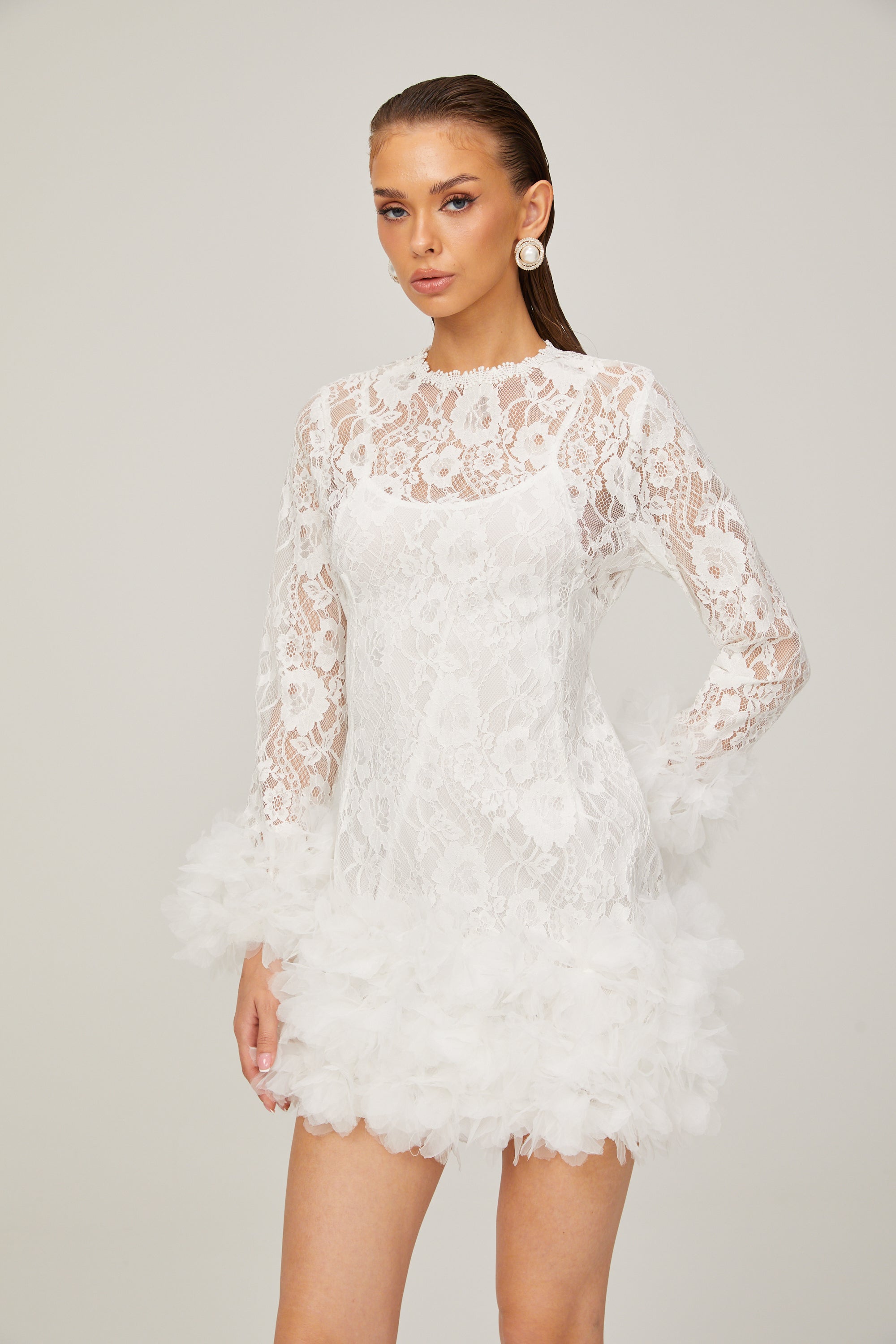 Camille lace layered feather-trim mini dress in White