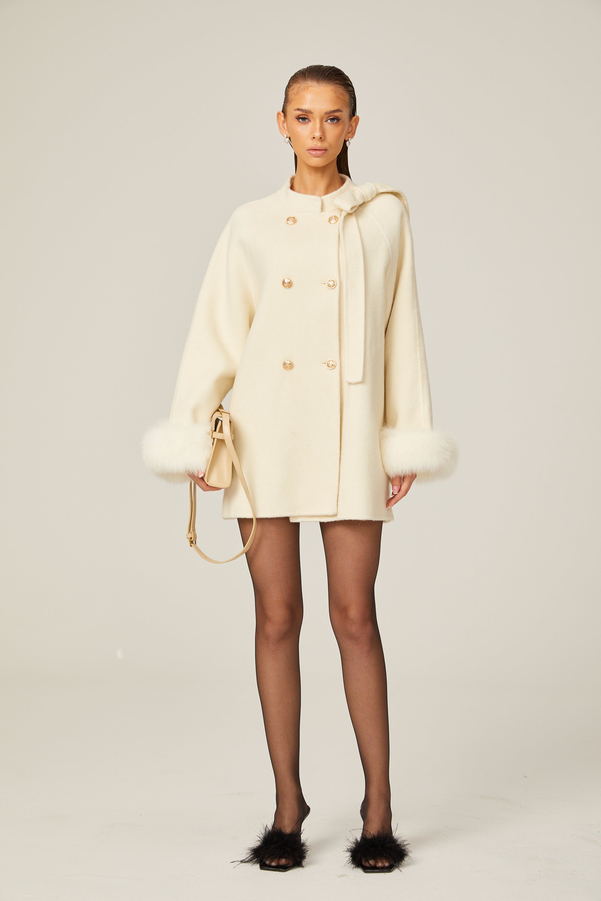 Colette white wool fur bowknot coat