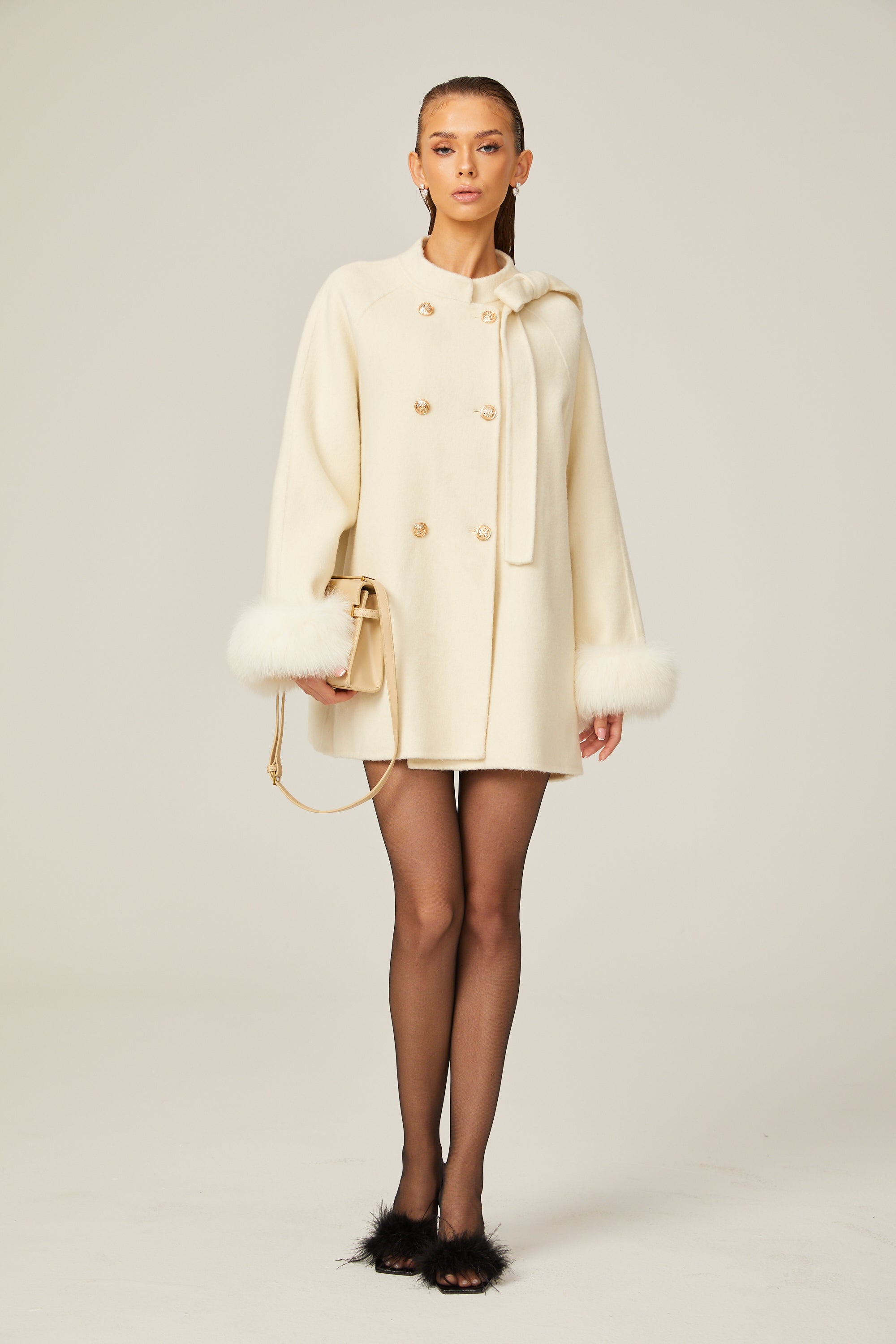 Colette white wool fur bowknot coat