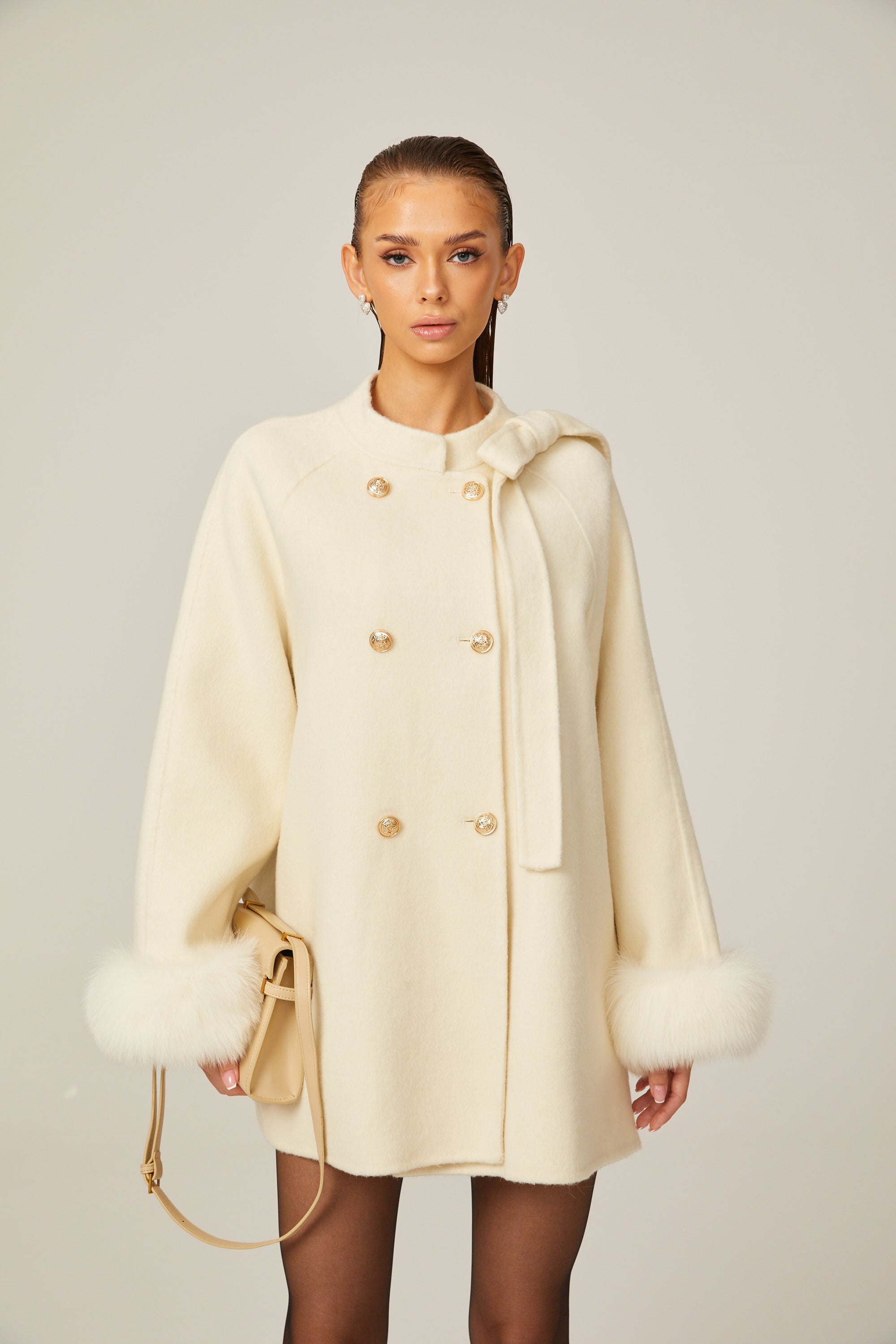 Colette white wool fur bowknot coat