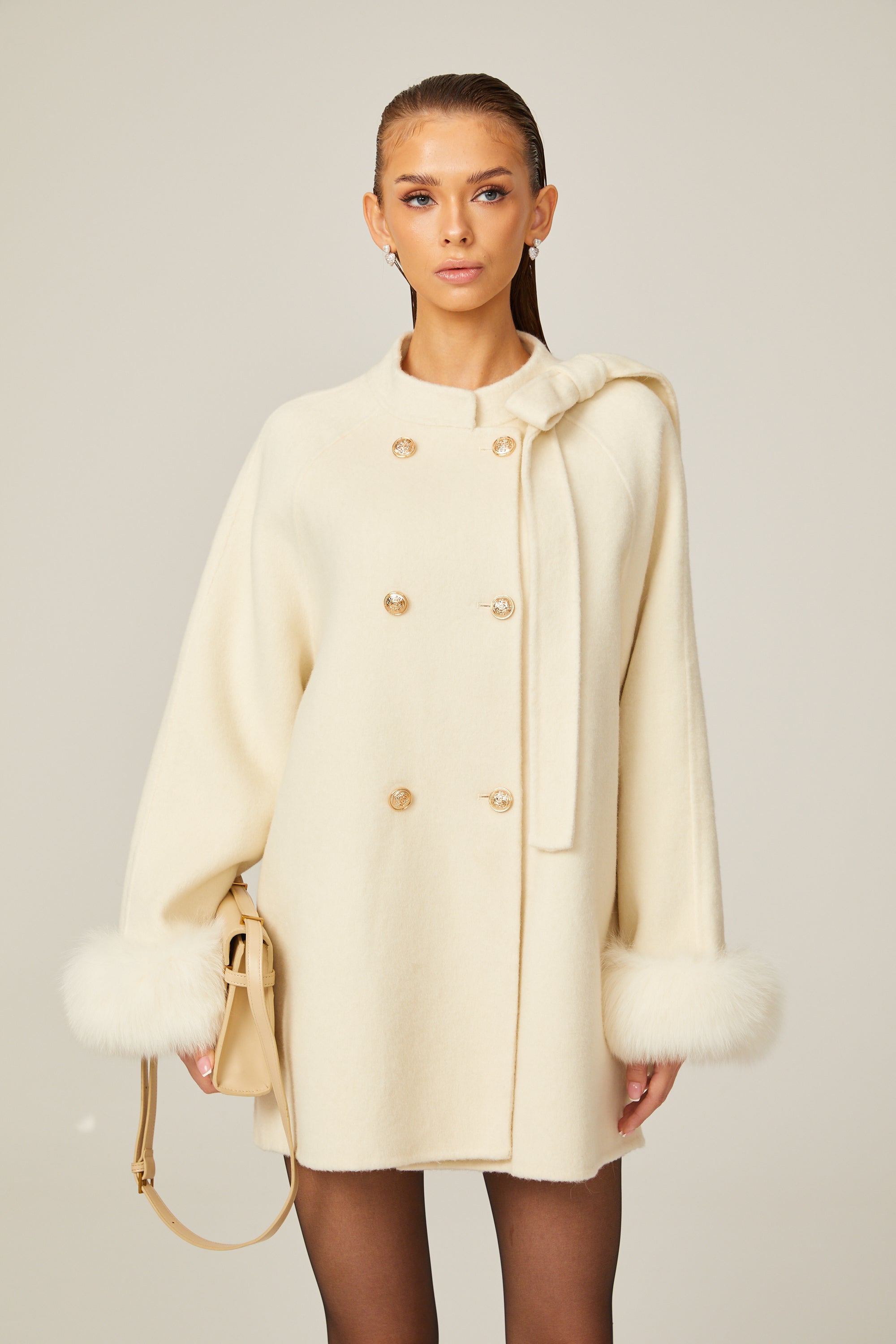 Colette white wool fur bowknot coat