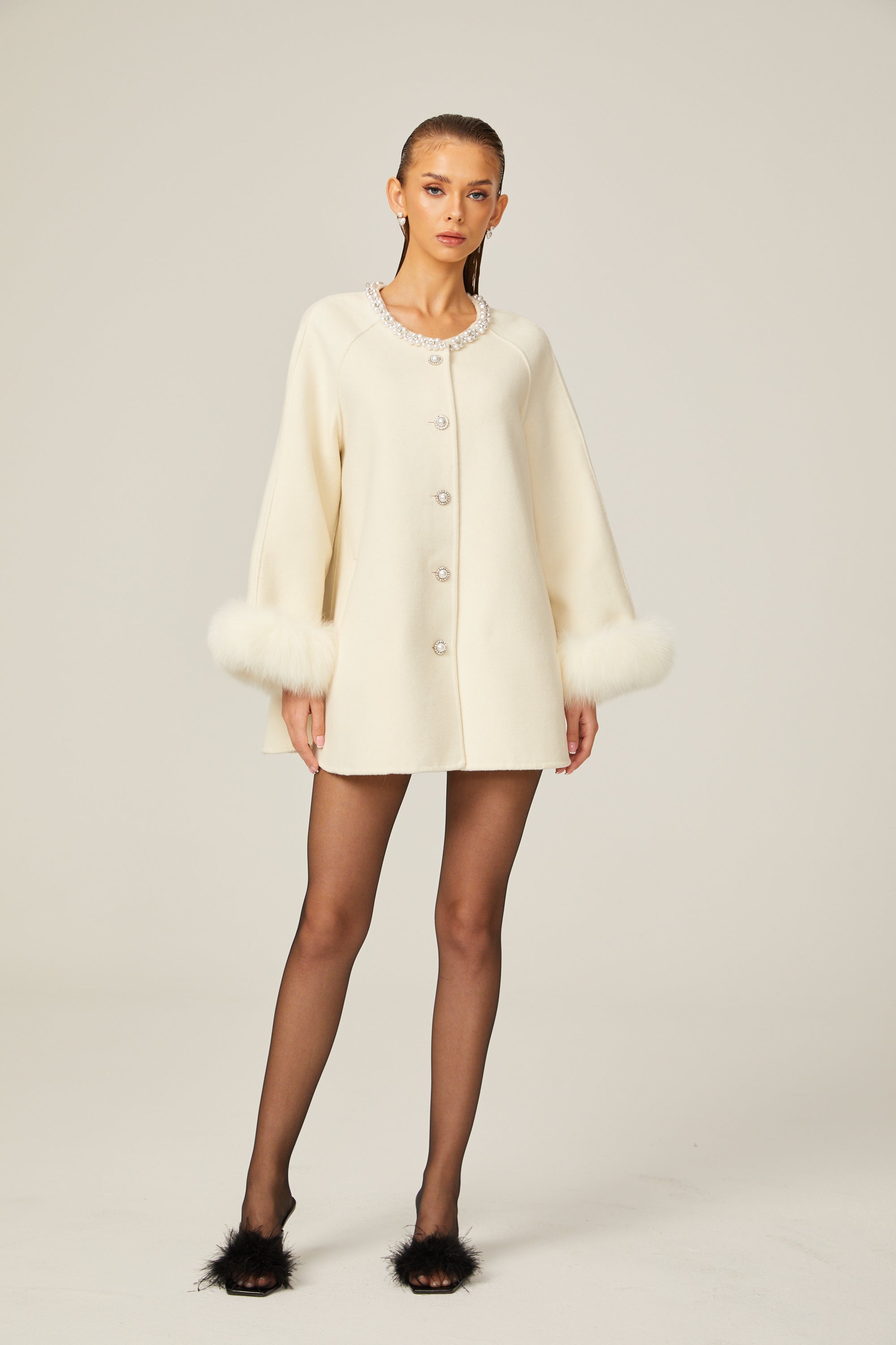 Frédérique white wool fur embellished coat