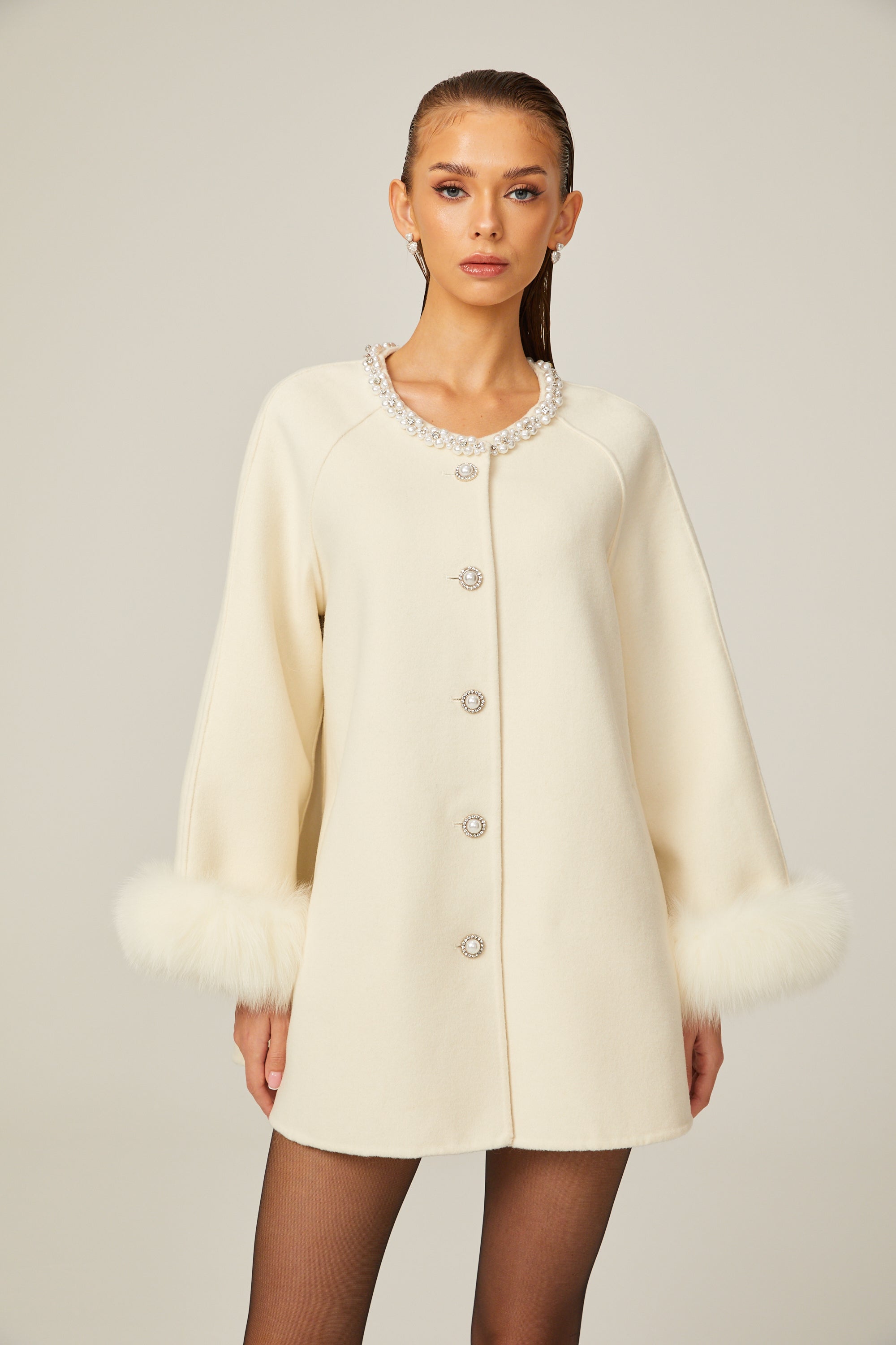 Frédérique white wool fur embellished coat