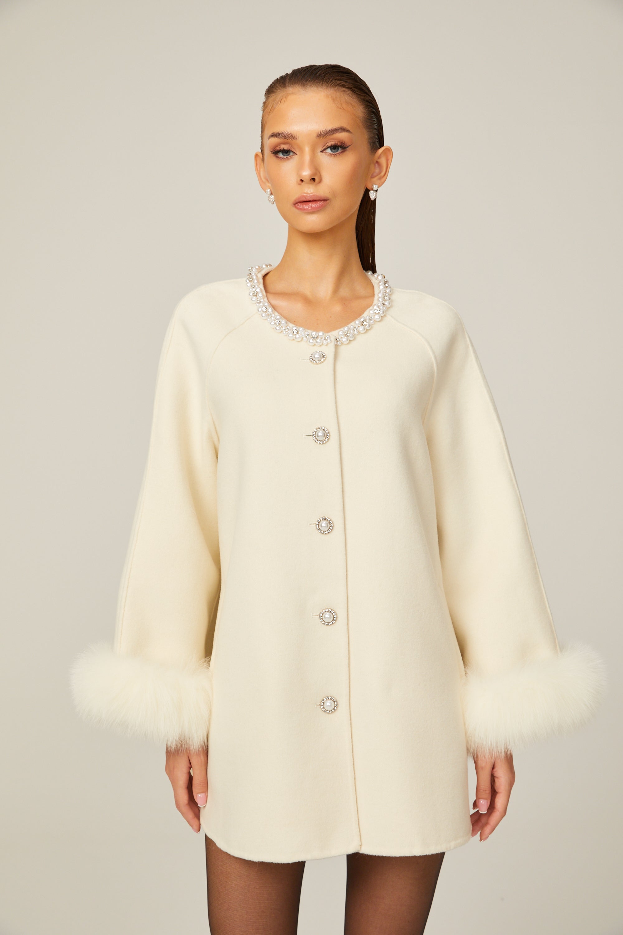 Frédérique white wool fur embellished coat