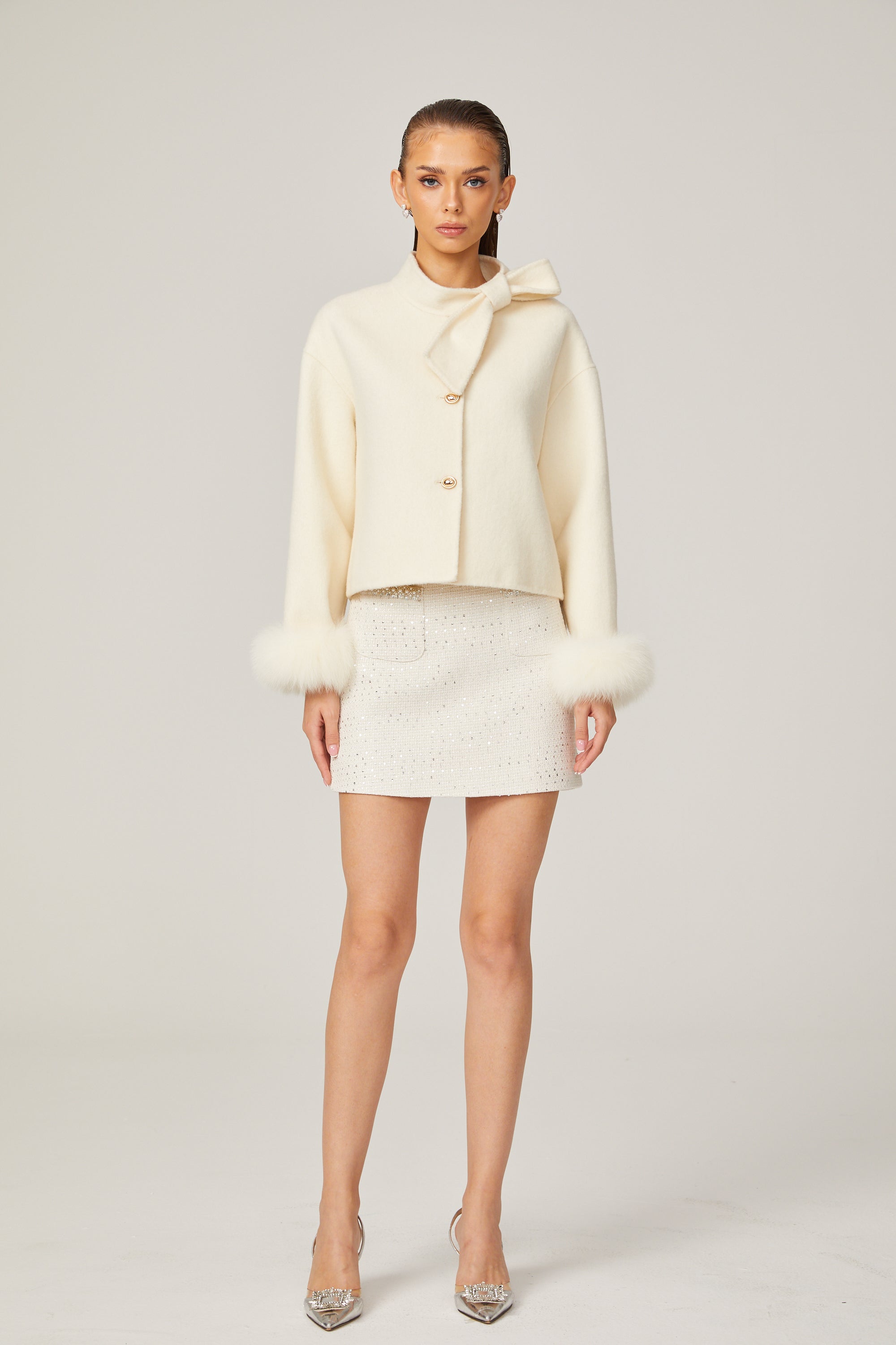 Constance white bowknot wool fur jacket