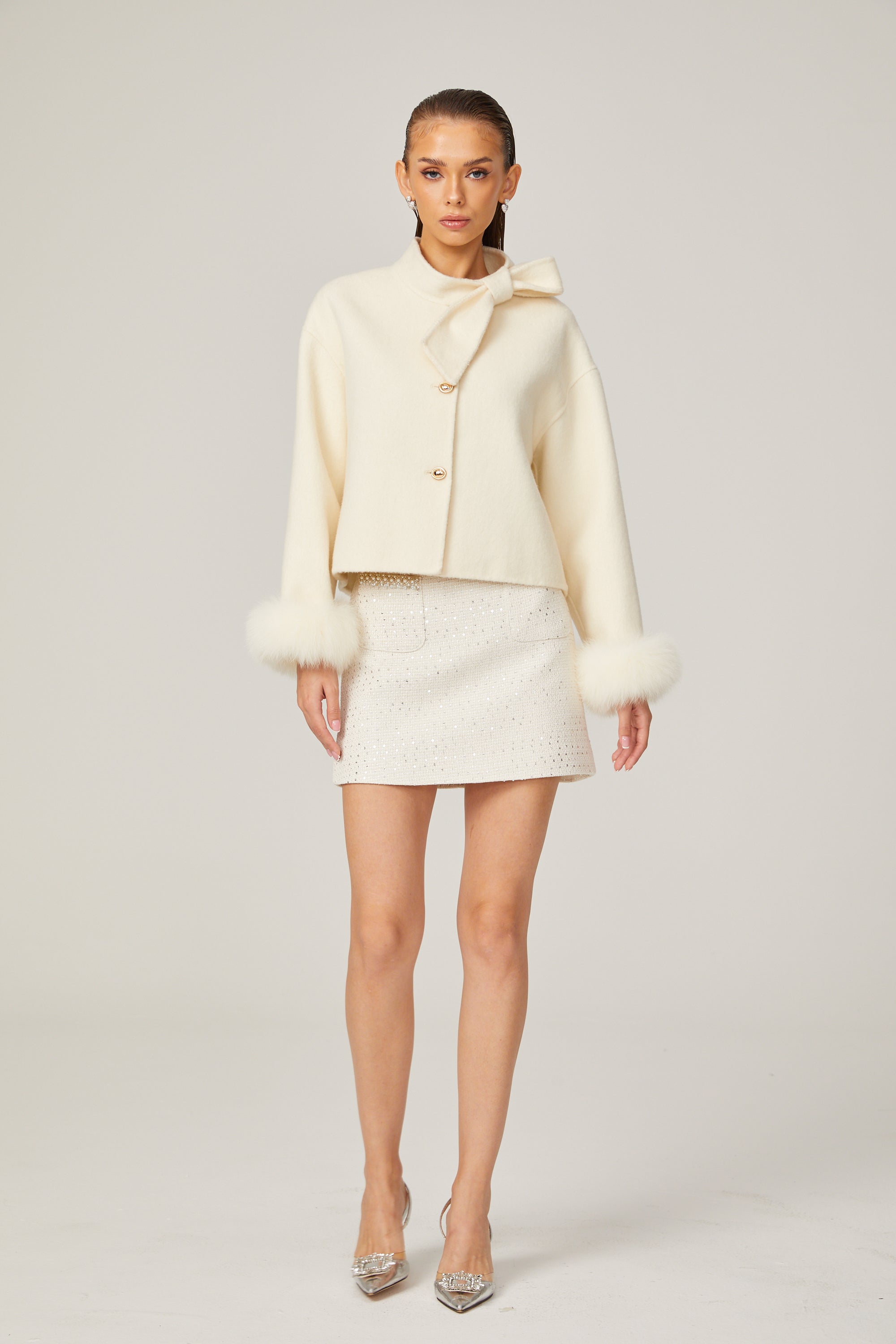 Constance white bowknot wool fur jacket