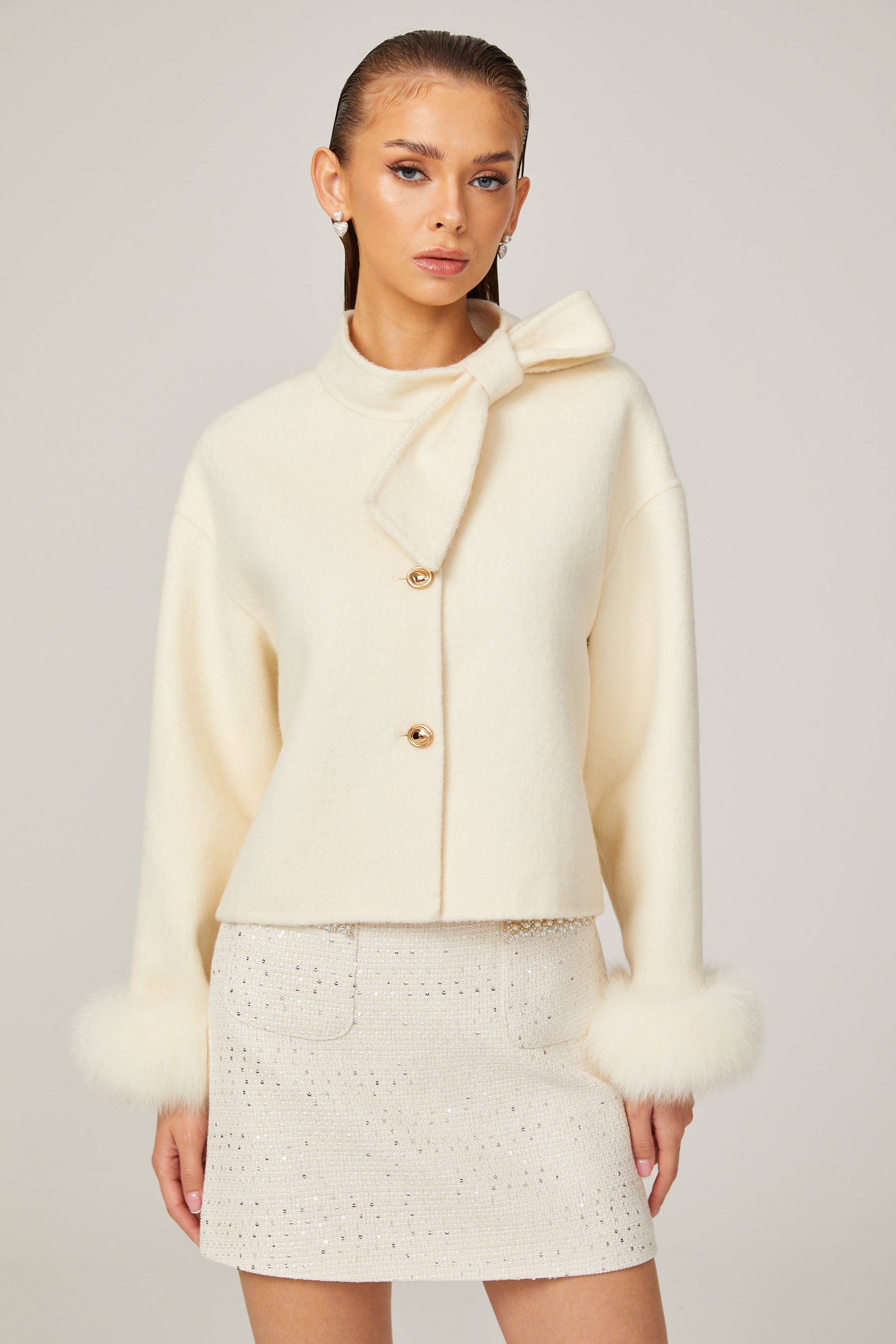 Constance white bowknot wool fur jacket