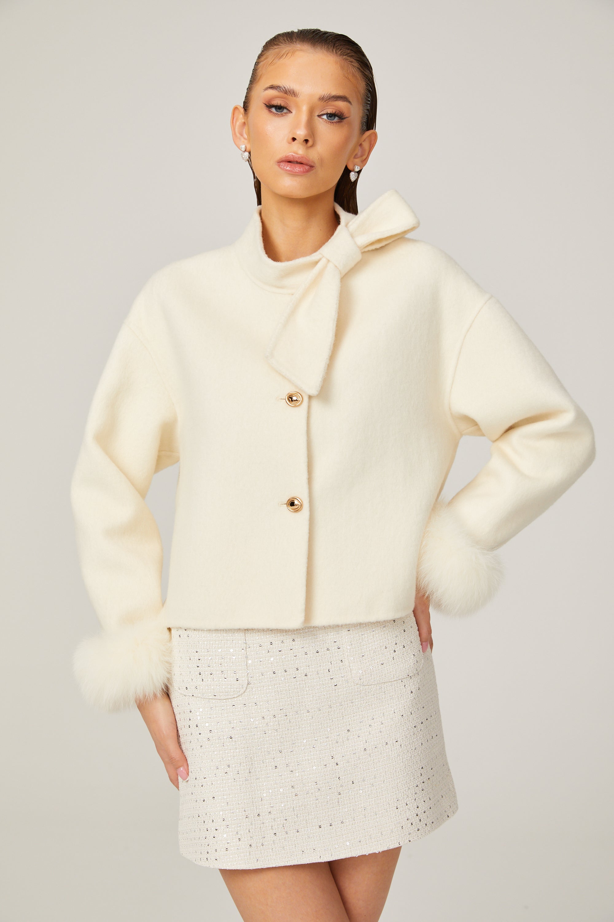 Constance white bowknot wool fur jacket