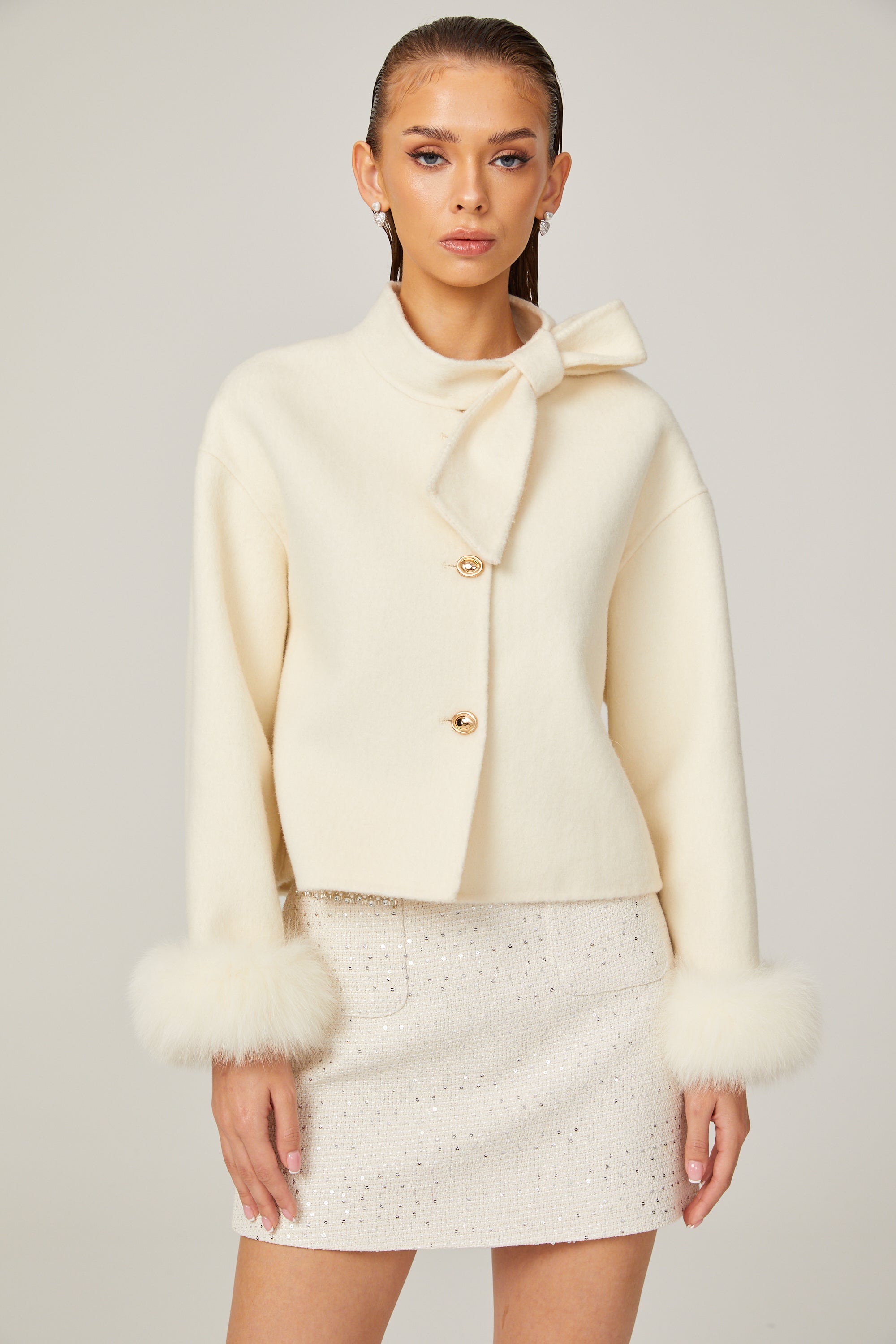 Constance white bowknot wool fur jacket