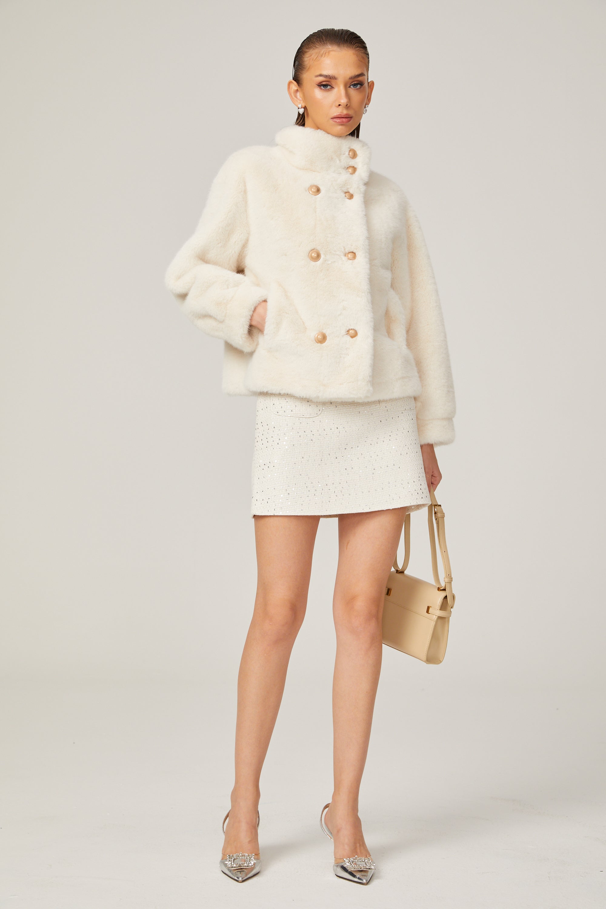 Chantal white faux-fur double-breasted jacket