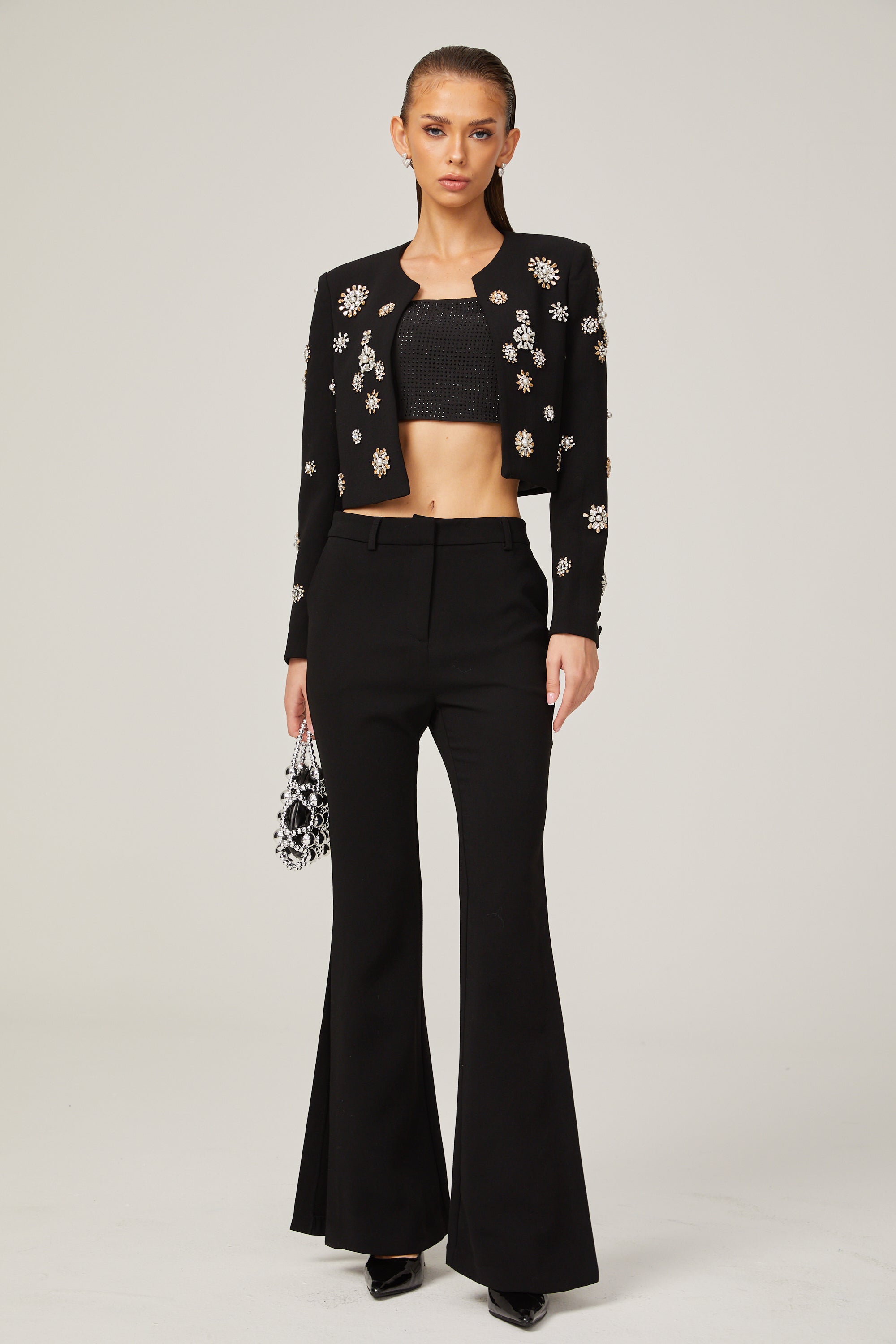 Éléonore black embellished jacket & trousers matching set