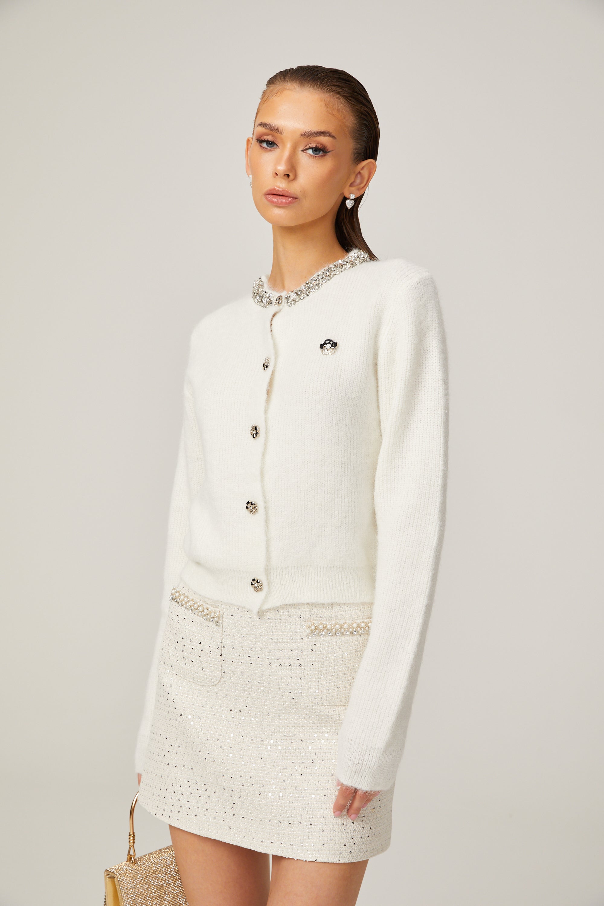 Désirée white embellished knitted cardigan