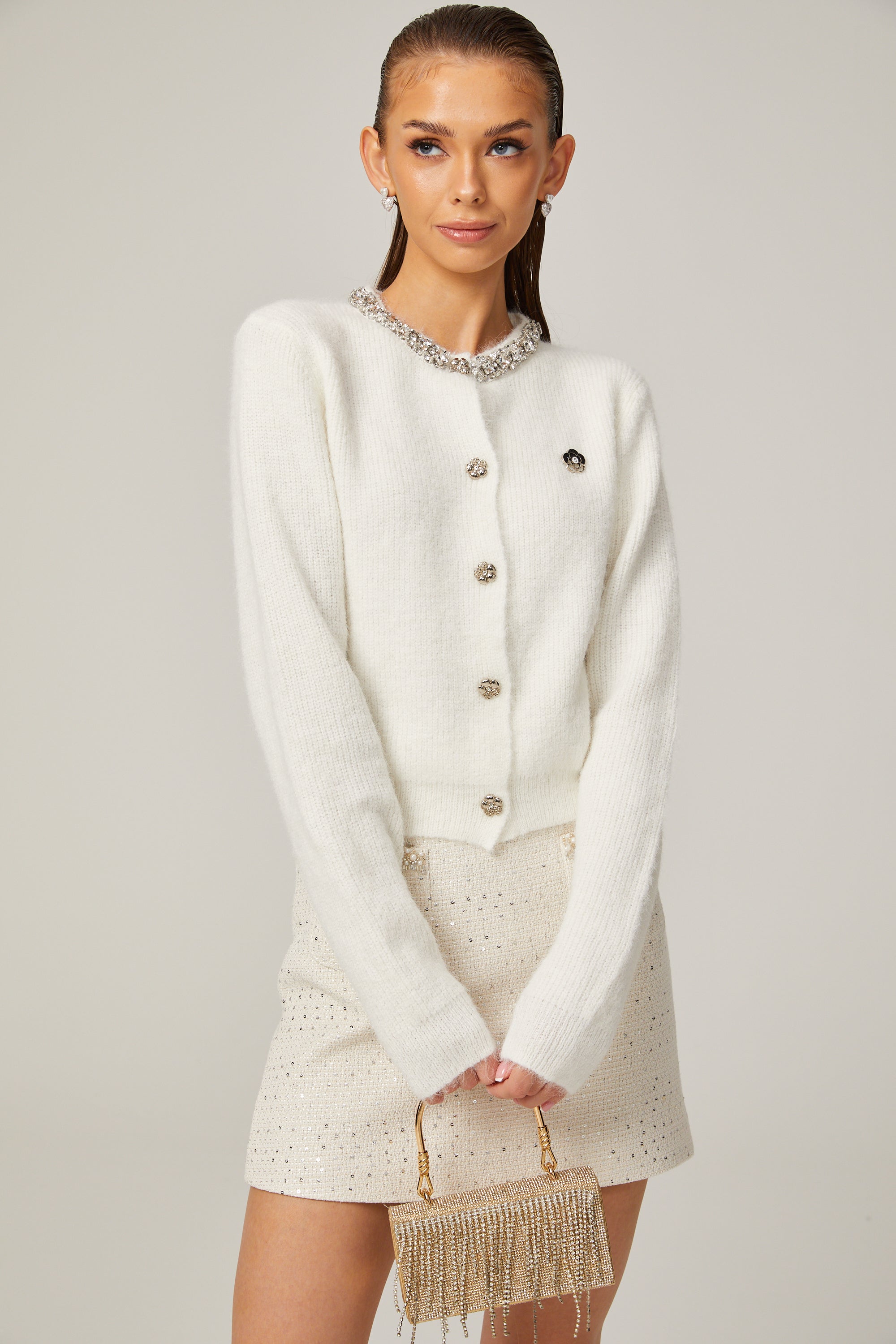 Désirée white embellished knitted cardigan