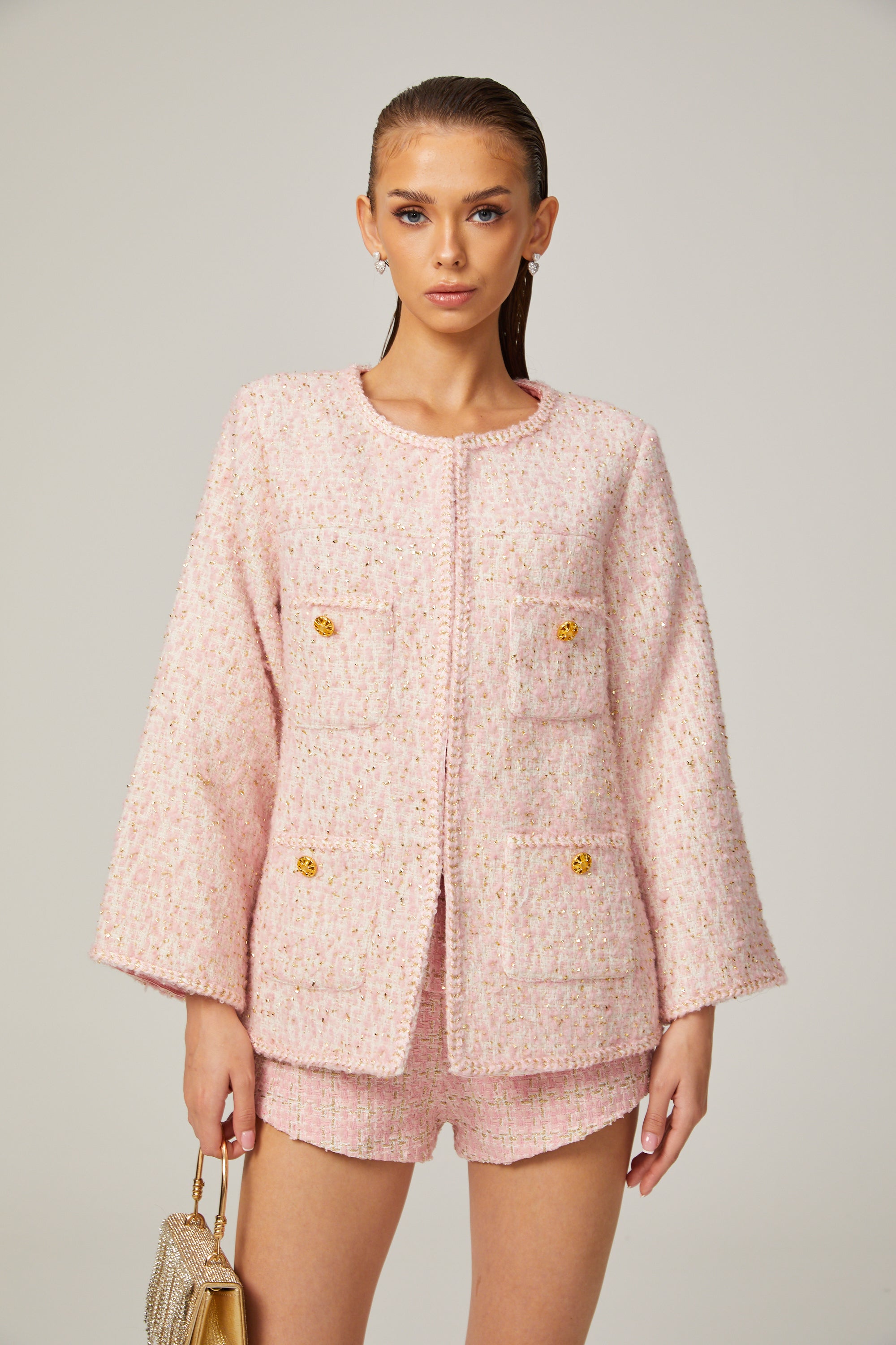 Clarisse pink tweed braided-edge jacket