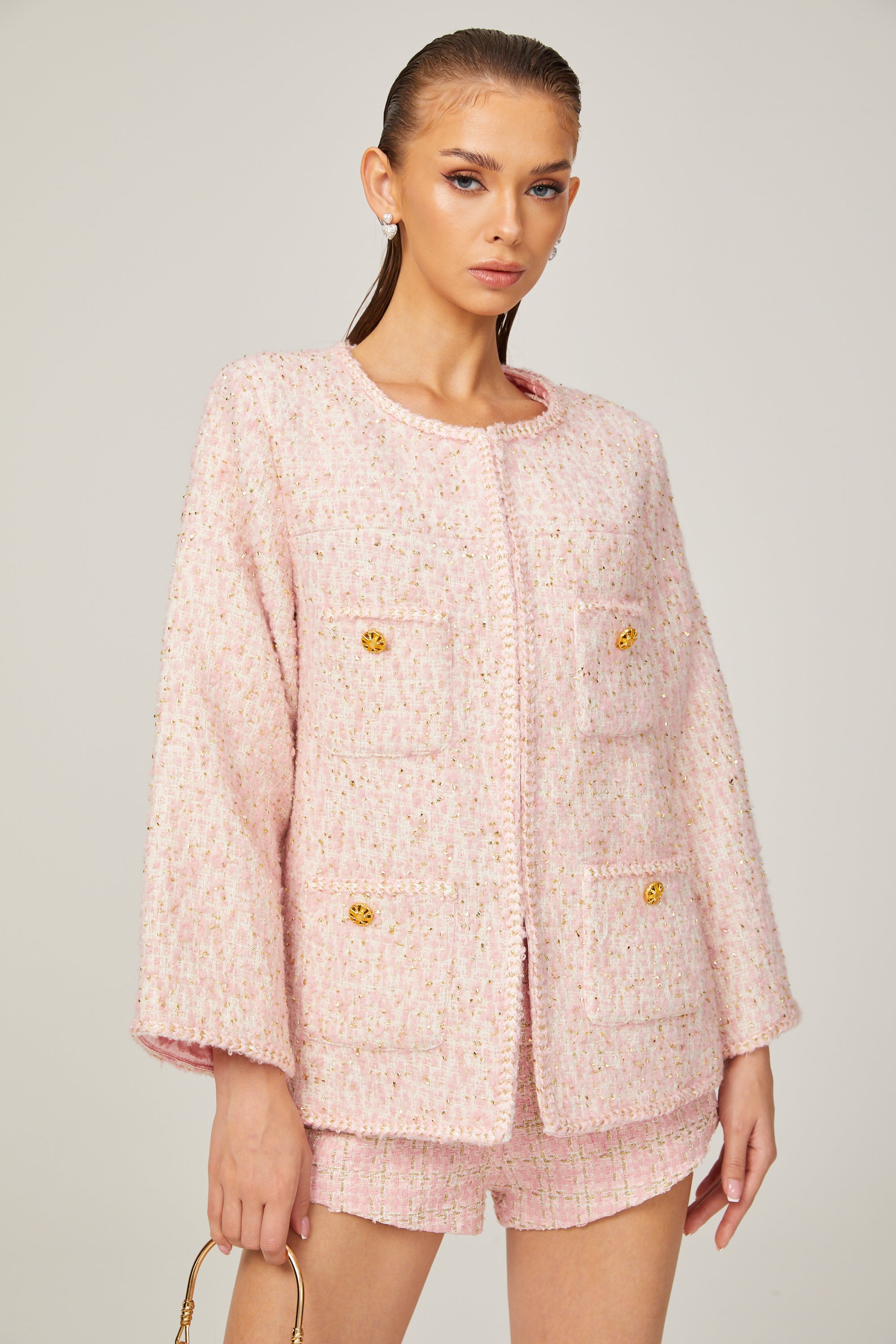 Clarisse pink tweed braided-edge jacket