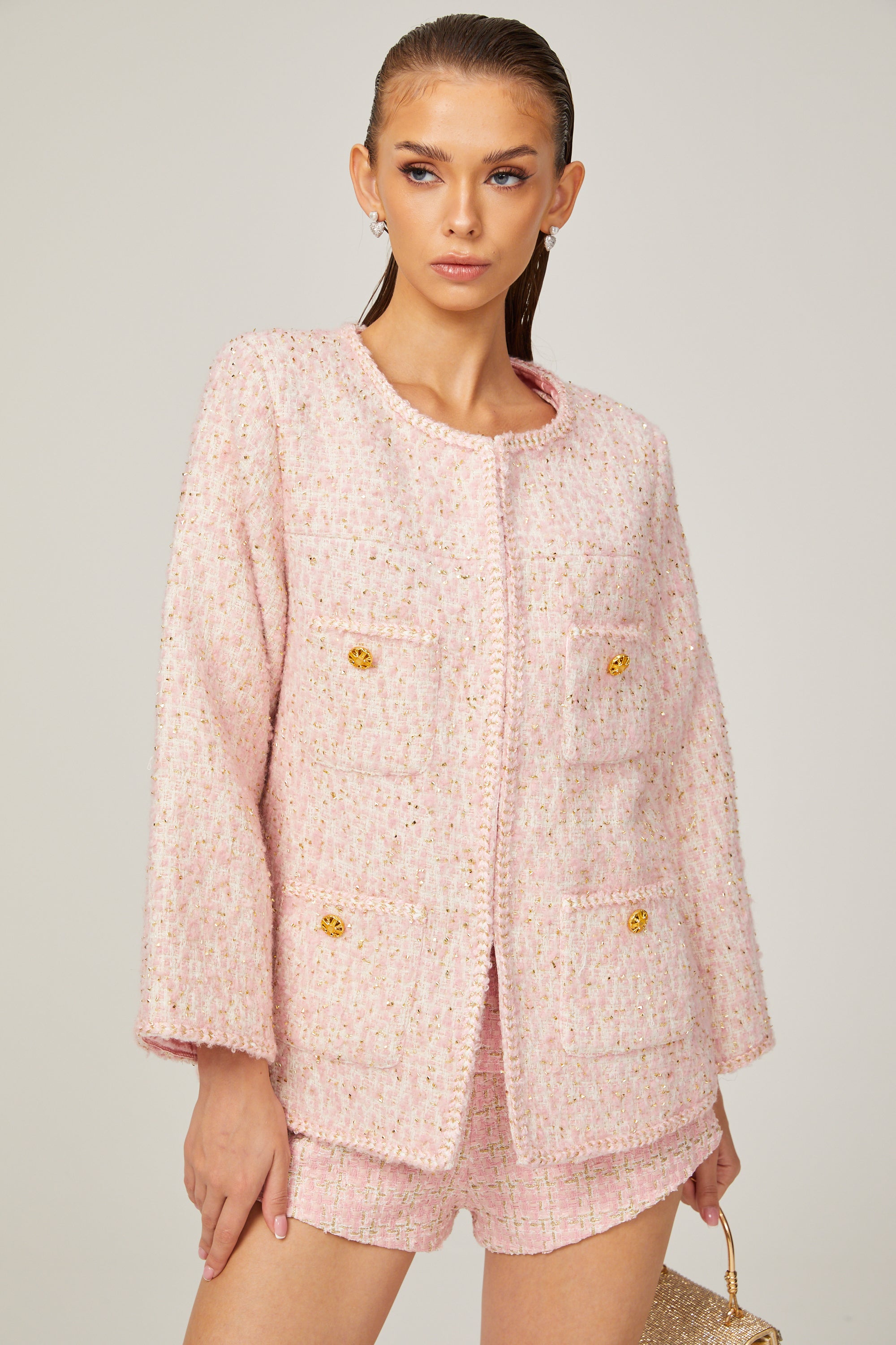 Clarisse pink tweed braided-edge jacket