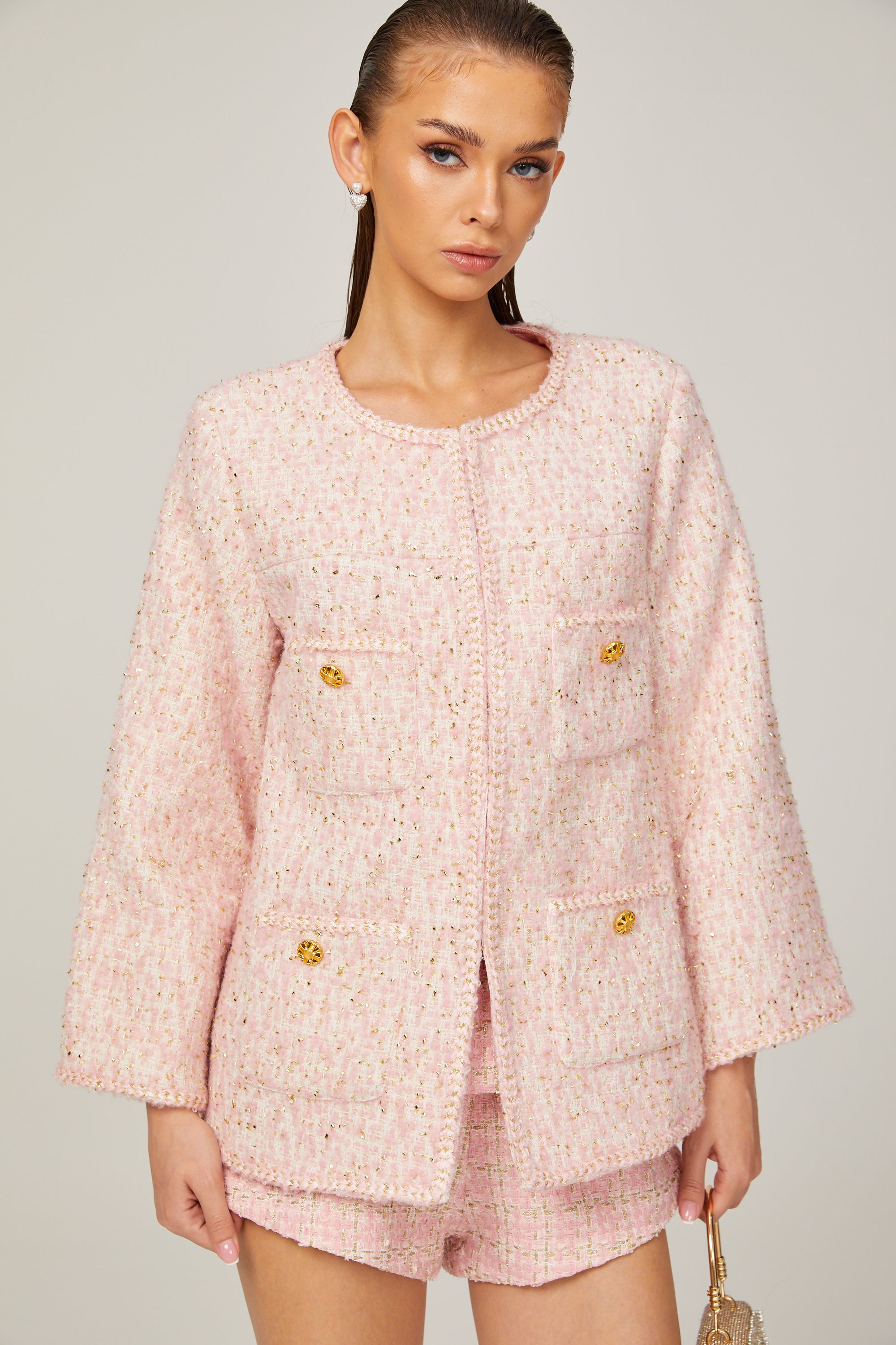 Clarisse pink tweed braided-edge jacket