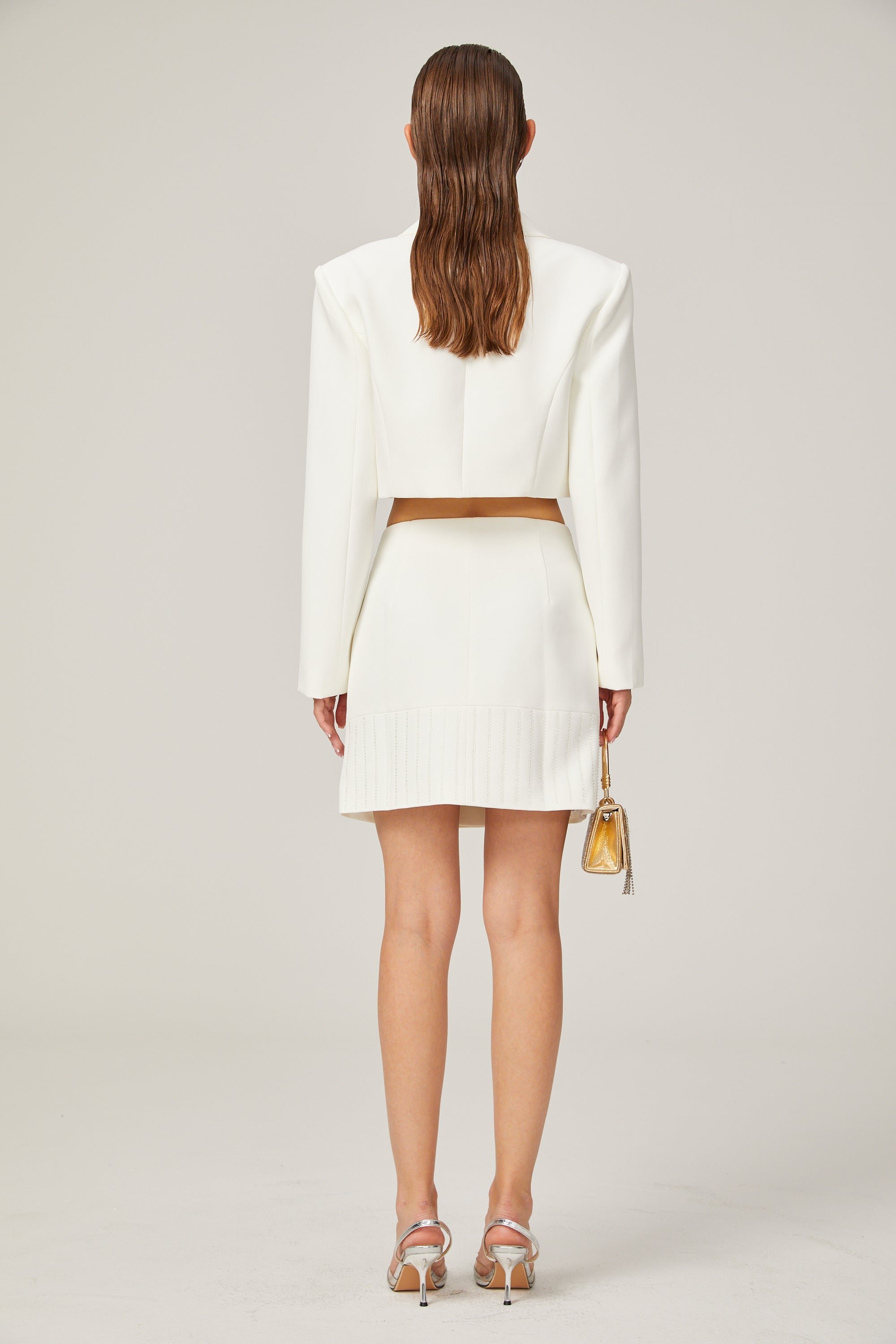 Carlotta white embellished jacket & skirt matching set