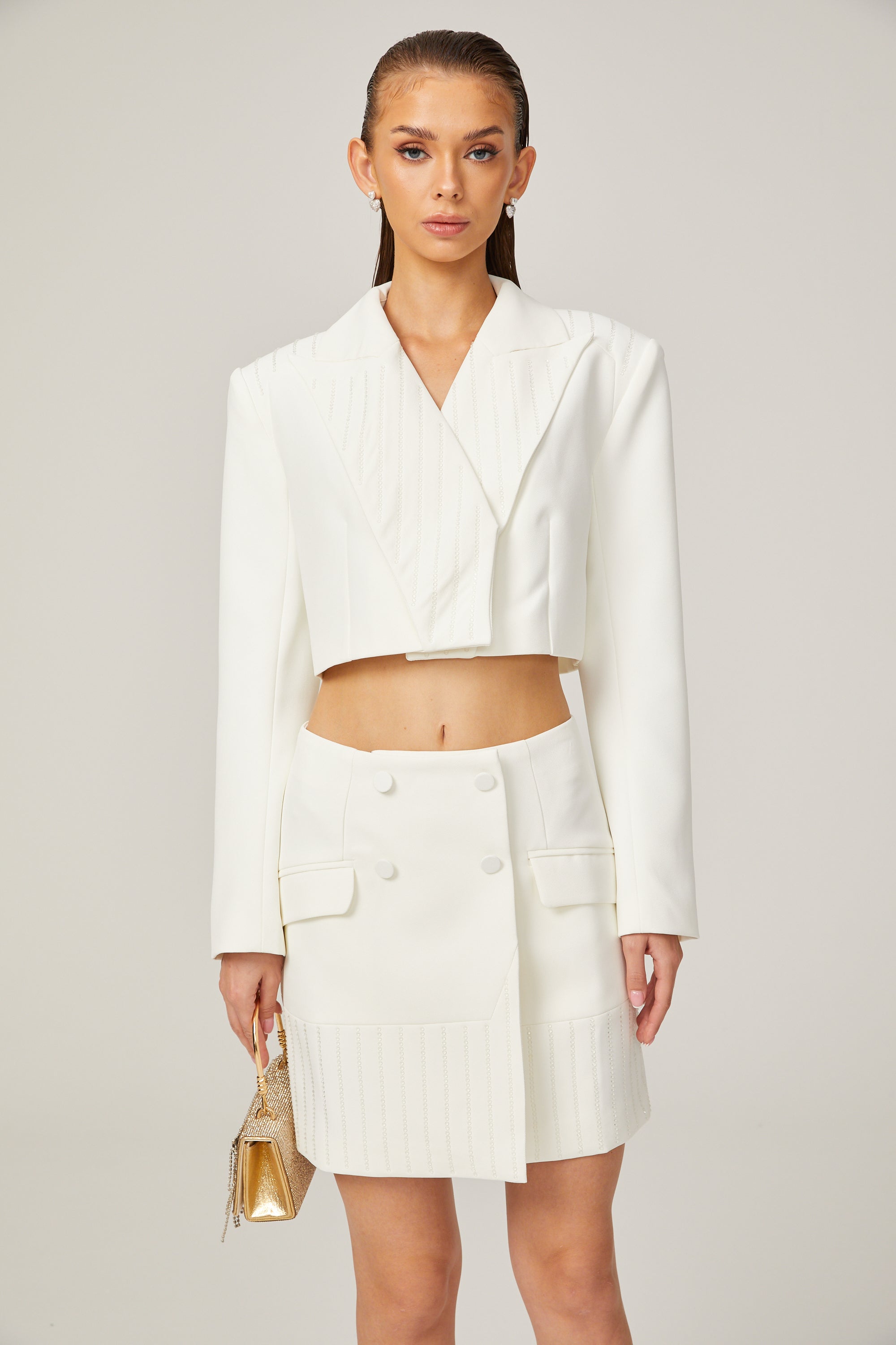 Carlotta white embellished jacket & skirt matching set