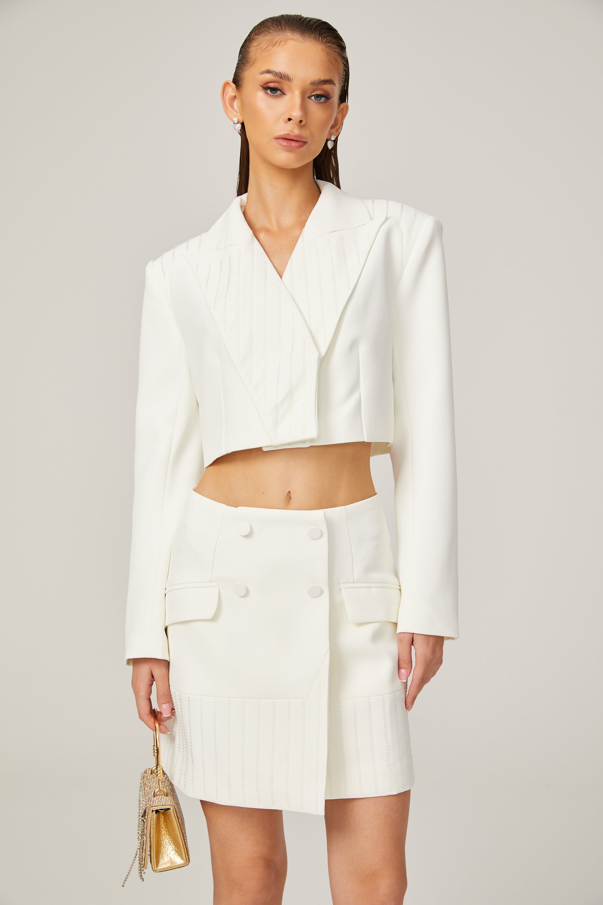 Carlotta white embellished jacket & skirt matching set