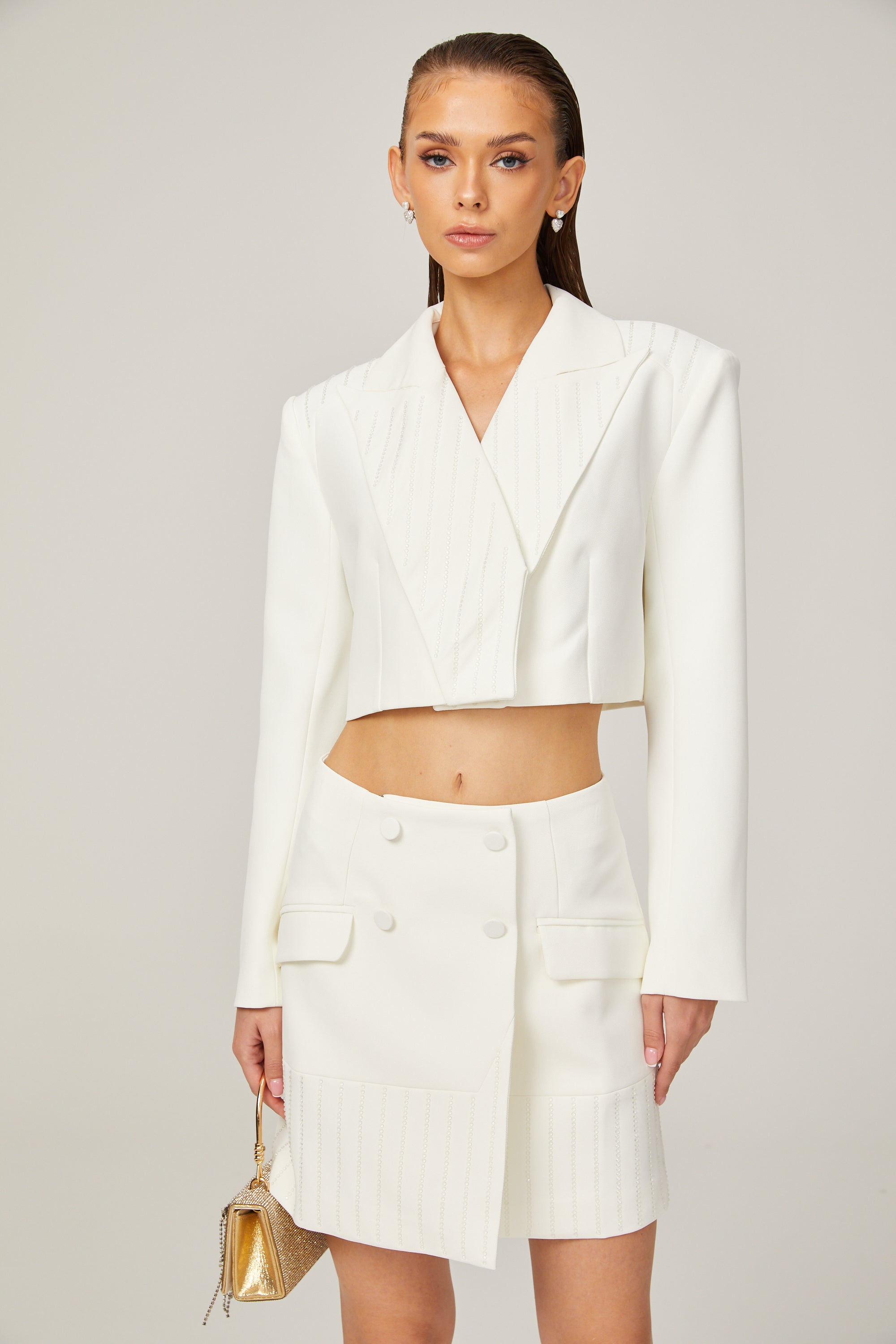 Carlotta white embellished jacket & skirt matching set