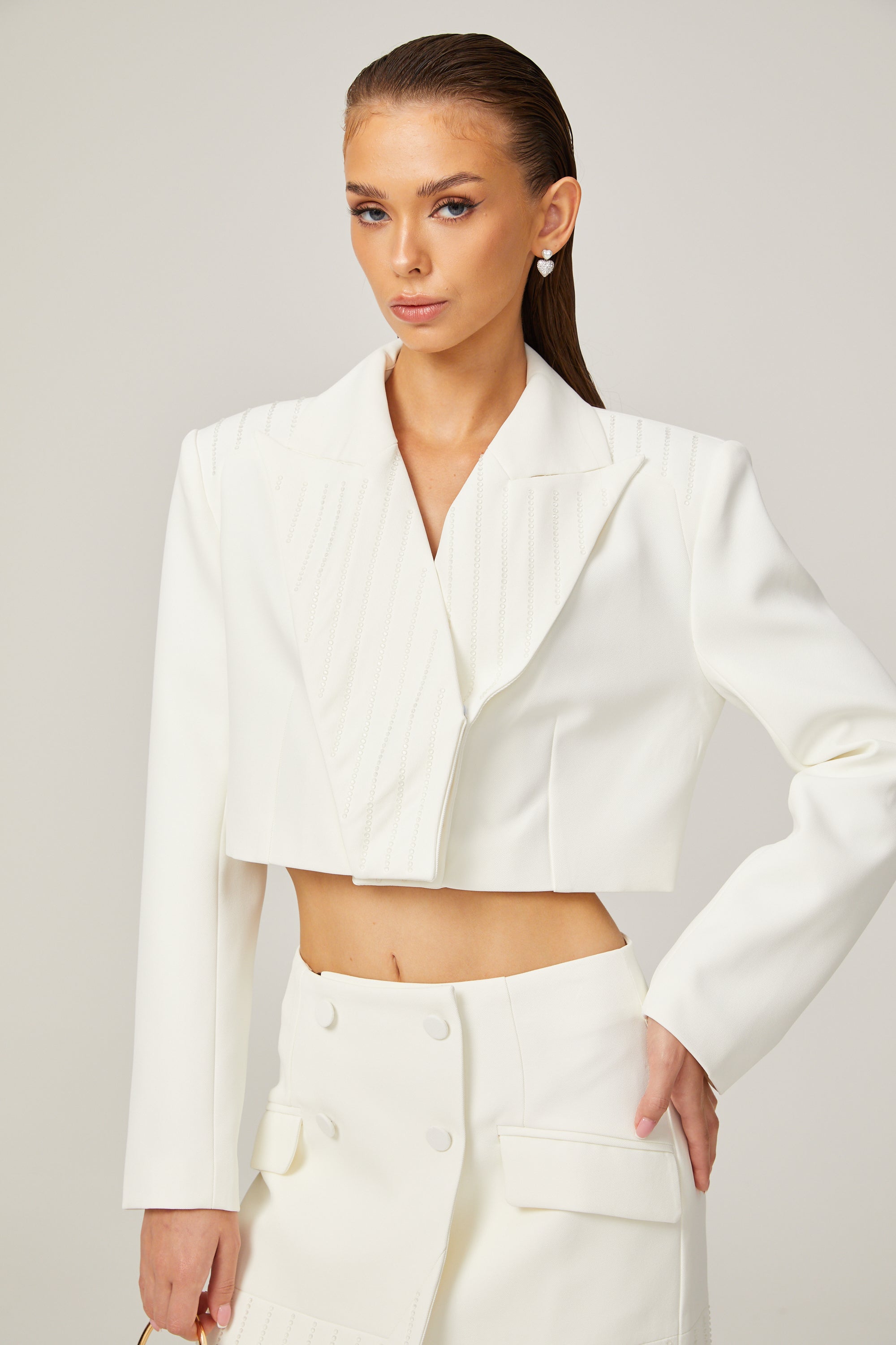 Carlotta white embellished jacket & skirt matching set